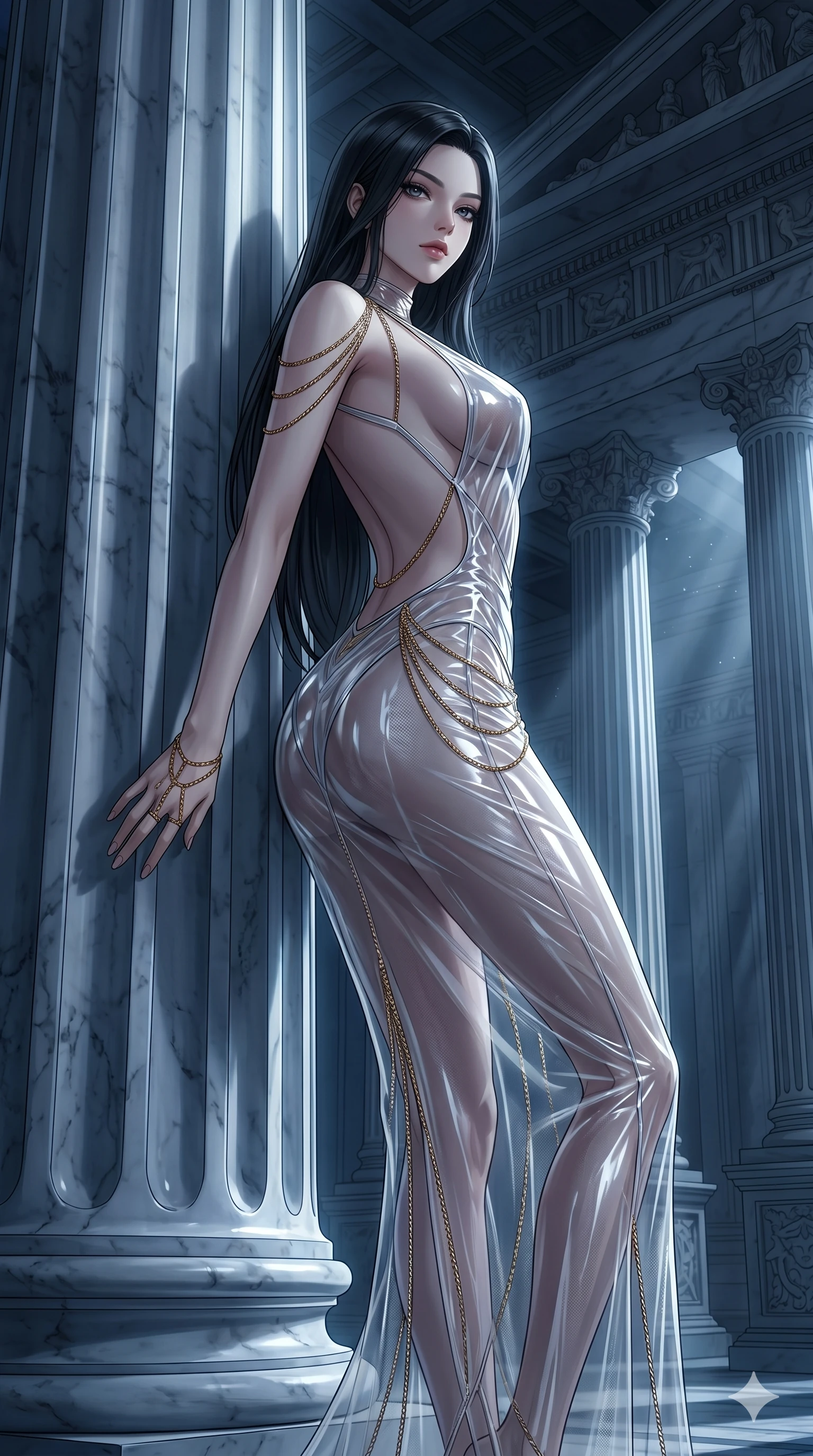 score_9, masterpiece, best quality, ultra-detailed, High-budget Anime Keyframe, East Asian woman. Low angle cowboy shot filling the entire 9:16 frame with her statuesque presence. Scenario 283: Leaning against a cold marble pillar in a moonlit greek temple. Her presence is magnetic and overpowering in this high-budget anime scene. Outfit 283: A translucent PVC liquid with a graceful open-back couture and fine gold chains. The clothing is designed to emphasize her exceptionally tall and slender 8-heads proportion. 8-heads proportion, towering silhouette, ultra-slim waist. sharp v-shaped jawline, intricate jewel-like eyes with depth, thick eyelashes, glossy lips. 2k, ultra detail, master piece, 9:16 ratio