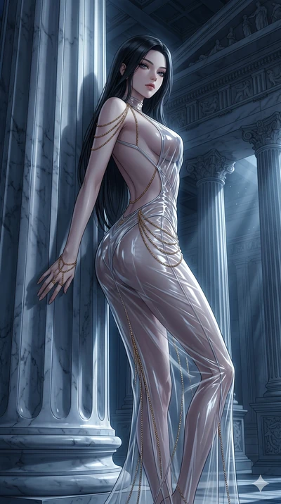 score_9, masterpiece, best quality, ultra-detailed, High-budget Anime Keyframe, East Asian woman. Low angle cowboy shot filling the entire 9:16 frame with her statuesque presence. Scenario 283: Leaning against a cold marble pillar in a moonlit greek 