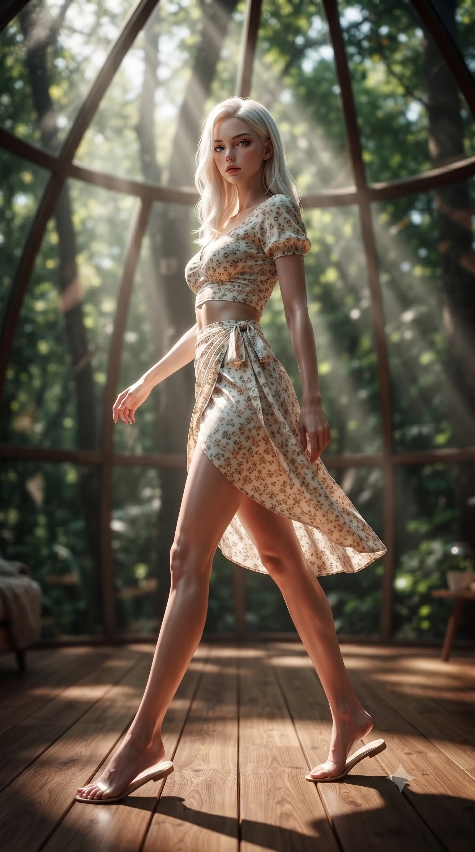 score_9, masterpiece, best quality, ultra-detailed, high-budget anime keyframe, editorial fashion photography, tasteful artistic composition, Caucasian woman. low angle full-body shot from head to toe showing her feet, filling the entire 9:16 vertical frame with her statuesque presence, stretching her vertical silhouette. stepping gracefully while looking back over her shoulder, her dress draped tightly to reveal her silhouette the background shows a soft-focus the interior of a treehouse glamping dome high in the canopy of a forest. She has an absolutely perfect, statuesque 8.5-heads proportion, an exceptionally tall and slender model-like female figure with impossibly long slender legs and an ultra-slim waist. sharp v-shaped jawline, high-bridge nose, intricate jewel-like eyes with depth, thick eyelashes, glossy lips with a natural sheen. wearing a body-hugging summer vacation crop top and wrap skirt set in floral print cotton, showing her slim waist. sun rays slicing through the tree leaves, creating dramatic volumetric shafts of light. ultra-reflective glossy finish, specular highlights, metallic sheen, high-contrast stereoscopic depth, volumetric dynamic lighting, 2k, ultra detail, master piece, 9:16 ratio