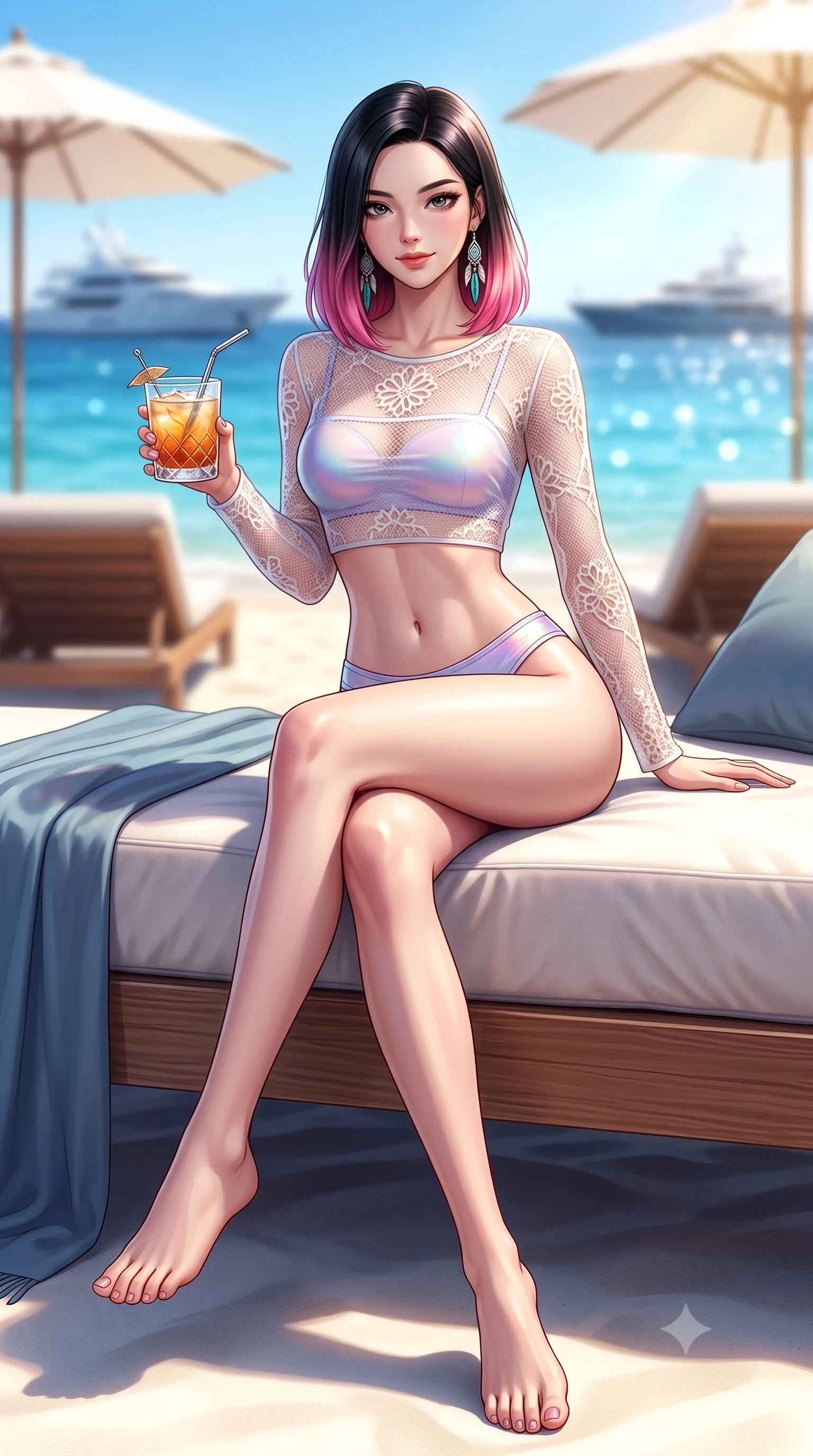 score_9, masterpiece, best quality, ultra-detailed, high-budget anime keyframe, semi-realistic 3D game render, editorial fashion photography, tasteful artistic composition, Korean woman. low angle full-body shot from head to toe showing her feet, filling the entire 9:16 vertical frame with her statuesque presence, stretching her vertical silhouette. lounging on the lavish daybed with legs crossed and hips angled toward the camera, displaying her toned midriff and long slender limbs with effortless siren poise while perched sideways on the daybed propped on one elbow, holding an iced cocktail with an intoxicating, smoldering bedroom-smile. The background shows a soft-focus the sparkling sapphire bay of Pampelonne, distant mega-yachts, and white parasols blurred into azure, champagne, and gold bokeh. She has an absolutely perfect, statuesque 8.5-heads proportion, an exceptionally tall and slender model-like female figure with impossibly long slender legs, an ultra-slim waist, a flat toned midriff, narrow delicate ribcage, and beautifully sculpted feminine hips creating a graceful, slim hourglass silhouette without any bulky heaviness. sharp v-shaped jawline, high-bridge nose, sparkling eyes with hypnotic seductive depth, thick curled eyelashes, glossy parted lips with a natural dewy peach sheen, alluring bedroom-eyes with an enchanting coquettish smile, exuding magnetic siren charisma and sophisticated glamour, flawlessly proportioned anatomical accuracy, strict slender model proportions, natural body alignment, perfectly sculpted long slender limbs, ultra-slim waistline, clean dynamic posture without body distortion. wearing a sheer gossamer mesh long-sleeve rashguard crop top layered over an opaque strappy bandeau and low-waisted briefs in iridescent mother-of-pearl and dusk lavender, made of delicate semi-sheer crochet lace with intricate openwork floral knit, accented with turquoise and silver bohemian feather earrings swaying near her bare neck, the second-skin tailored fabric adhering flawlessly to her sculpted flat midriff and slender torso, emphasizing her long leg lines and perfectly proportioned willowy build. bathed in brilliant Mediterranean afternoon sunlight bouncing up from white sands and turquoise water. highly saturated vibrant anime colors, detailed shading with soft gradients, rich glossy textures, high-contrast stereoscopic depth, volumetric dynamic lighting, master piece, 9:16 ratio