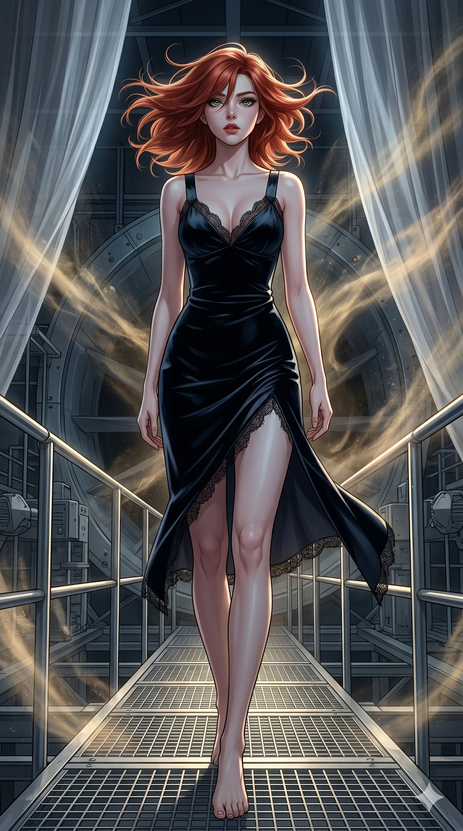 score_9, masterpiece, best quality, ultra-detailed, high-budget anime keyframe, editorial fashion photography, tasteful artistic composition, Korean woman. low angle full-body shot from head to toe showing her feet, filling the entire 9:16 vertical frame with her statuesque presence, stretching her vertical silhouette. Walking in slow-motion with dramatic hair movement behind her on a high-tech metal catwalk suspended inside a giant wind tunnel with swirling golden dust. She has an absolutely perfect 8-heads proportion, an exceptionally tall and slender female figure with impossibly long slender legs and an ultra-slim waist. V-shaped jawline, high-bridge nose, intricate jewel-like eyes with depth, thick eyelashes, glossy lips with a natural sheen. wearing a midnight-black velvet slip dress with thin satin straps, a V-neckline trimmed with fine lace, and an asymmetric hemline with a side slit. bathed in cold silver moonlight filtered through translucent gossamer curtains casting soft shadows on her curves. 2k, ultra detail, master piece, 9:16 ratio