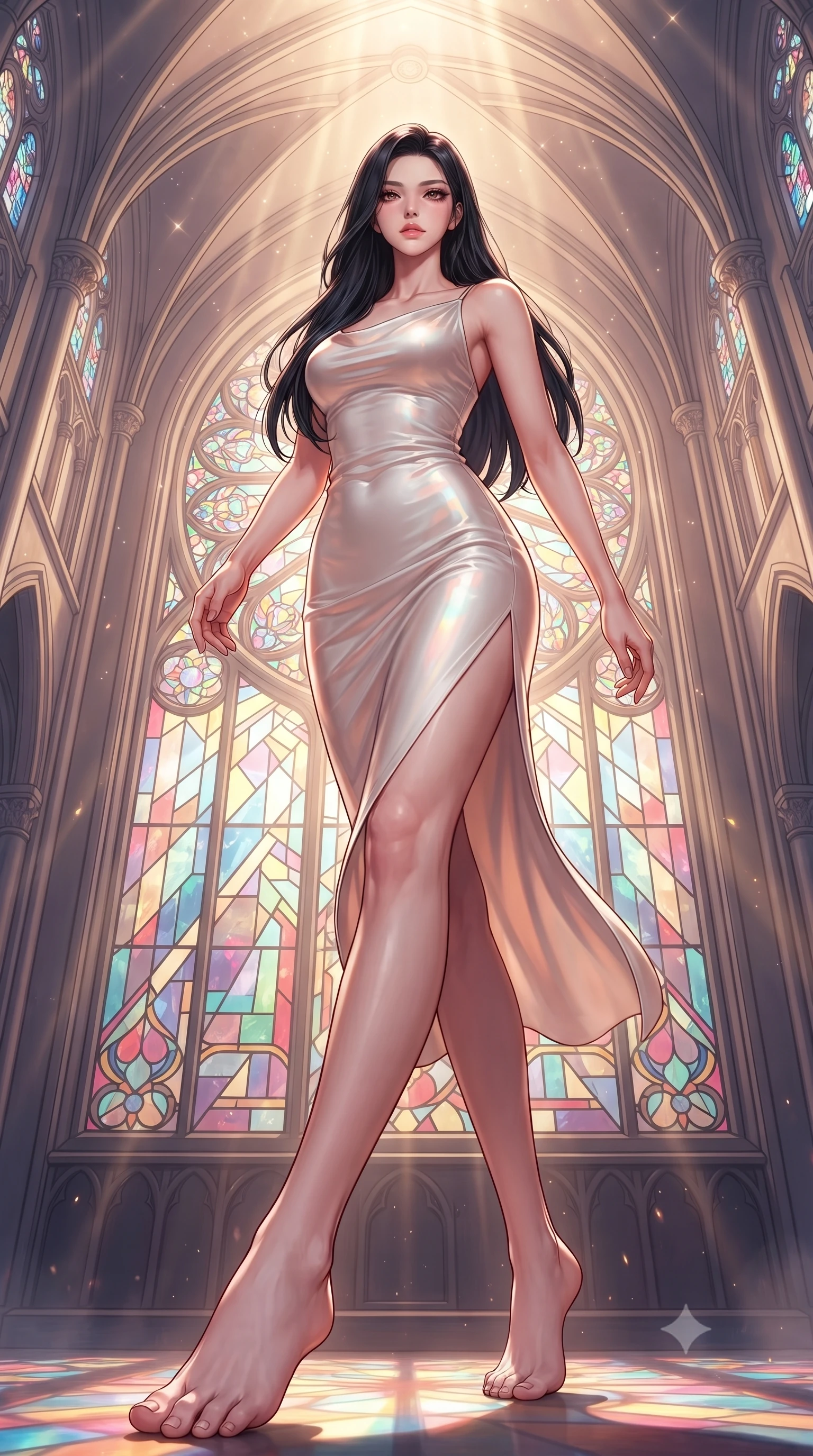 score_9, masterpiece, best quality, ultra-detailed, high-budget anime keyframe, editorial fashion photography, tasteful artistic composition, Korean woman. low angle full-body shot from head to toe showing her feet, filling the entire 9:16 vertical frame with her statuesque presence, stretching her vertical silhouette. forging dynamically through the scene, her vertical silhouette beautifully stretched standing before a monumental Art Nouveau stained glass rose window, majestic vaulted ceilings rising high into a luminous atmosphere. She has an absolutely perfect, statuesque 8.5-heads proportion, an exceptionally tall and slender model-like female figure with impossibly long slender legs and an ultra-slim waist. sharp v-shaped jawline, high-bridge nose, intricate jewel-like eyes with depth, thick eyelashes, glossy lips with a natural sheen. wearing a precision-fitted liquid jersey bodycon dress with a draped back in pearl white and rose gold, crafted from smooth liquid silk, finished with a sleek side slit ascending to mid-thigh, the form-contouring material highlighting her ultra-slim waist and long lines. surrounded by a glowing divine aura of sunbeams and incense radiance. highly saturated vibrant anime colors, detailed shading with soft gradients, rich glossy textures, high-contrast stereoscopic depth, volumetric dynamic lighting, master piece, 9:16 ratio