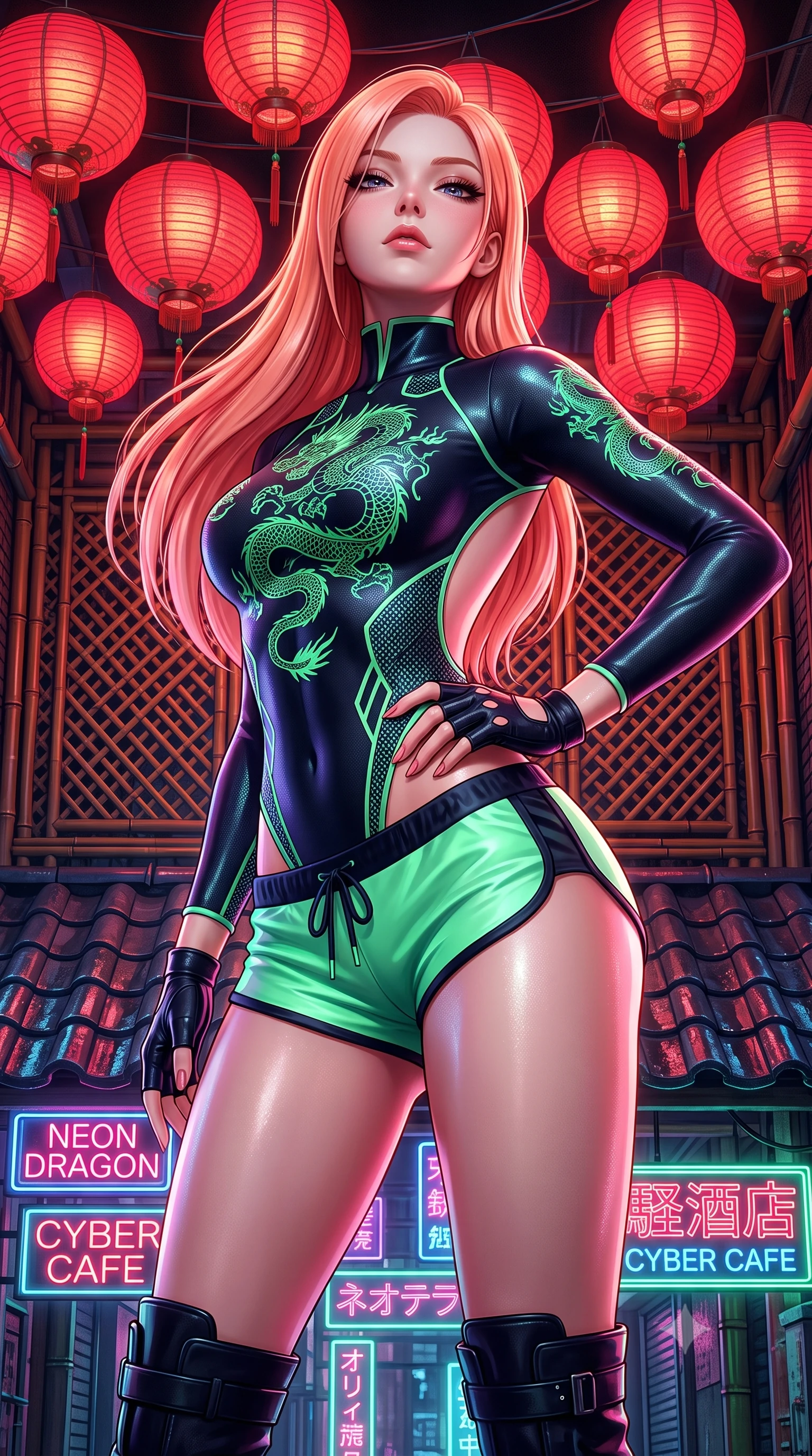 score_9, masterpiece, best quality, ultra-detailed, high-budget anime keyframe, semi-realistic 3D game render, editorial fashion photography, tasteful artistic composition, Japanese woman. close-up cowboy shot from the waist and thighs up, the character dominates the composition, filling the frame with her large presence. tilting her chin up with proud, sovereign allure while gazing through thick eyelashes, one hand resting on her waist in pure supermodel charisma while standing poised beneath hanging crimson paper lanterns, twisting her slender torso in an alluring S-curve while looking down at the neon-lit alley below. The surrounding environment is rendered in vivid detail and crisp panoramic clarity. sharp bamboo lattice textures, wet ceramic roof tiles, and glowing neon tube reflections in deep focus. She has an exceptionally elegant, slender, and willowy female figure with an ultra-slim waist, a gracefully sculpted slender torso, toned flat midriff, and rounded feminine hips creating an alluring hourglass silhouette. sharp v-shaped jawline, high-bridge nose, intricate jewel-like eyes with depth, thick eyelashes, glossy parted lips with a natural sheen, intensely captivating and seductive bedroom-eyes expression, flawlessly proportioned anatomical accuracy, strict slender model proportions, natural body alignment, perfectly sculpted long slender limbs, ultra-slim waistline, clean dynamic posture without body distortion. wearing a high-collar cybernetic bodysuit with neon dragon embroidery and low-slung silk swim shorts in neon mint green and dark obsidian, made of seamless compression knit with anatomical curves sculpting, accessorized with bold platform boots and fingerless leather gloves, the dramatically scooped open back descending to the base of her spine, accentuating her razor-sharp statuesque lines and curvy hourglass silhouette. surrounded by an enigmatic, sultry, and breathtakingly hypnotic cyber-femme fatale aura. highly saturated vibrant anime colors, detailed shading with soft gradients, rich glossy textures, high-contrast stereoscopic depth, volumetric dynamic lighting, master piece, 9:16 ratio