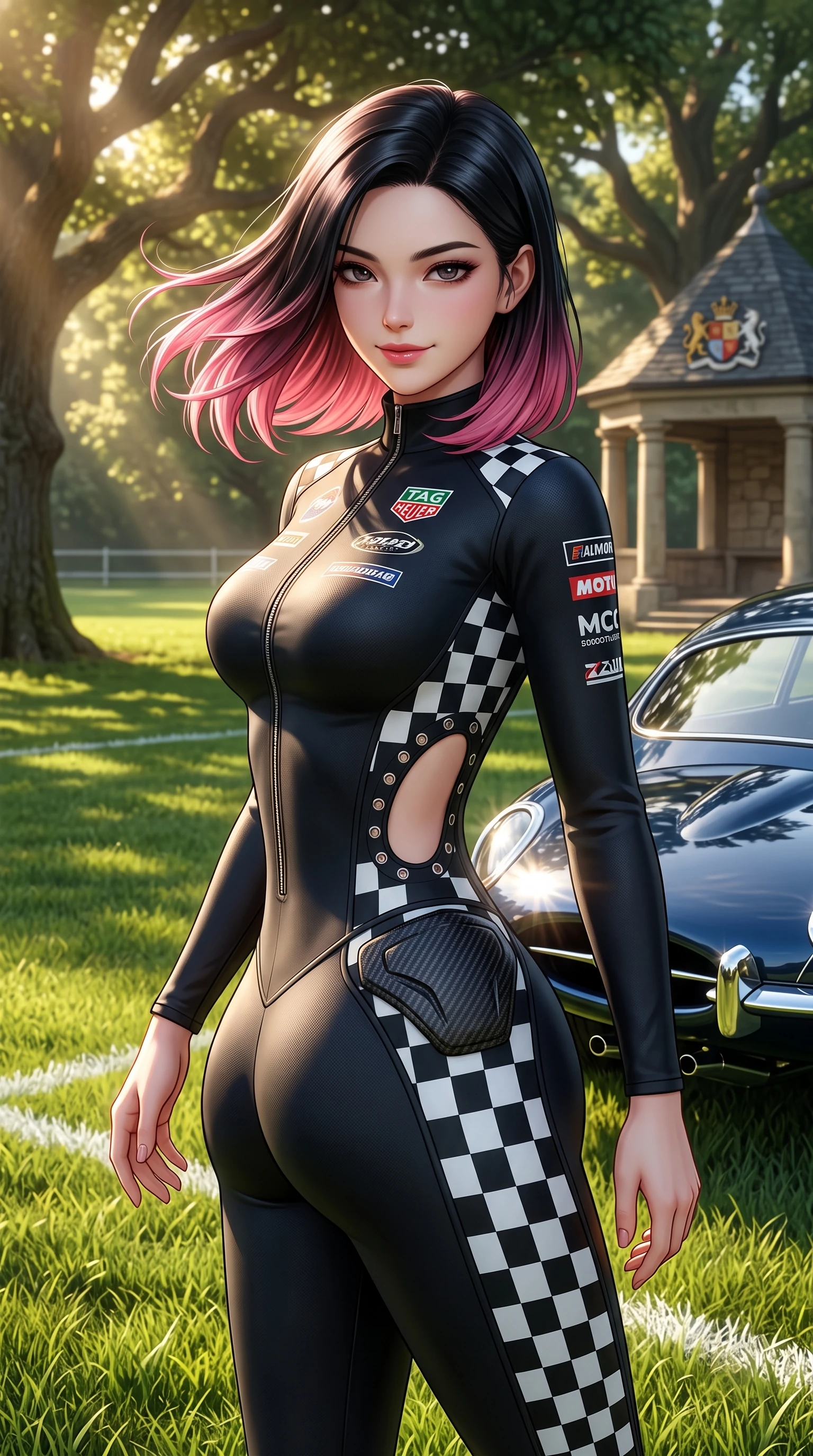 score_9, masterpiece, best quality, ultra-detailed, high-budget anime keyframe, semi-realistic 3D game render, editorial fashion photography, tasteful artistic composition, Korean woman. close-up cowboy shot from the waist and thighs up, the character dominates the composition, filling the frame with her large presence. turning slowly with a smoldering smile, her glossy hair tossing in the breeze as her hips angle gracefully in a captivating contrapposto while twisting her slender torso in an alluring contrapposto stance, English summer sunbeams highlighting her crisp white tennis fit and curvy hips. The surrounding environment is rendered in vivid detail and crisp panoramic clarity: sharp cut grass blade textures, chalk line demarcations, and vintage Jaguar chrome bumper reflections in deep focus. She has an exceptionally elegant, slender, and willowy female figure with an ultra-slim waist, flat toned midriff, narrow ribcage, and sculpted feminine hips creating an alluring, slim hourglass silhouette without bulk. sharp v-shaped jawline, high-bridge nose, sparkling eyes with athletic focus and depth, thick curled eyelashes, glossy parted lips with a natural coral-peach sheen, bright confident and coquettish smile with alluring bedroom-eyes, exuding both youthful sporty vigor and sovereign high-society glamour, flawlessly proportioned anatomical accuracy, strict slender model proportions, natural body alignment, perfectly sculpted long slender limbs, ultra-slim waistline, clean dynamic posture without body distortion. wearing a second-skin compression stretch racing catsuit with racing team sponsor graphics and sculpted carbon hip guards in matte obsidian black and checkered flag white, made of second-skin technical compression piqué knit with moisture-wicking stretch, finished with sharp laser-cut side ventilation cutouts framed by chrome rings, the high-waisted wrap tailoring accentuating her ultra-slim waistline and the enchanting curve of her feminine hips with alluring sporty charm. bathed in soft warm English afternoon sunlight filtering through stately oak trees. highly saturated vibrant anime colors, detailed shading with soft gradients, rich glossy textures, high-contrast stereoscopic depth, volumetric dynamic lighting, master piece, 9:16 ratio