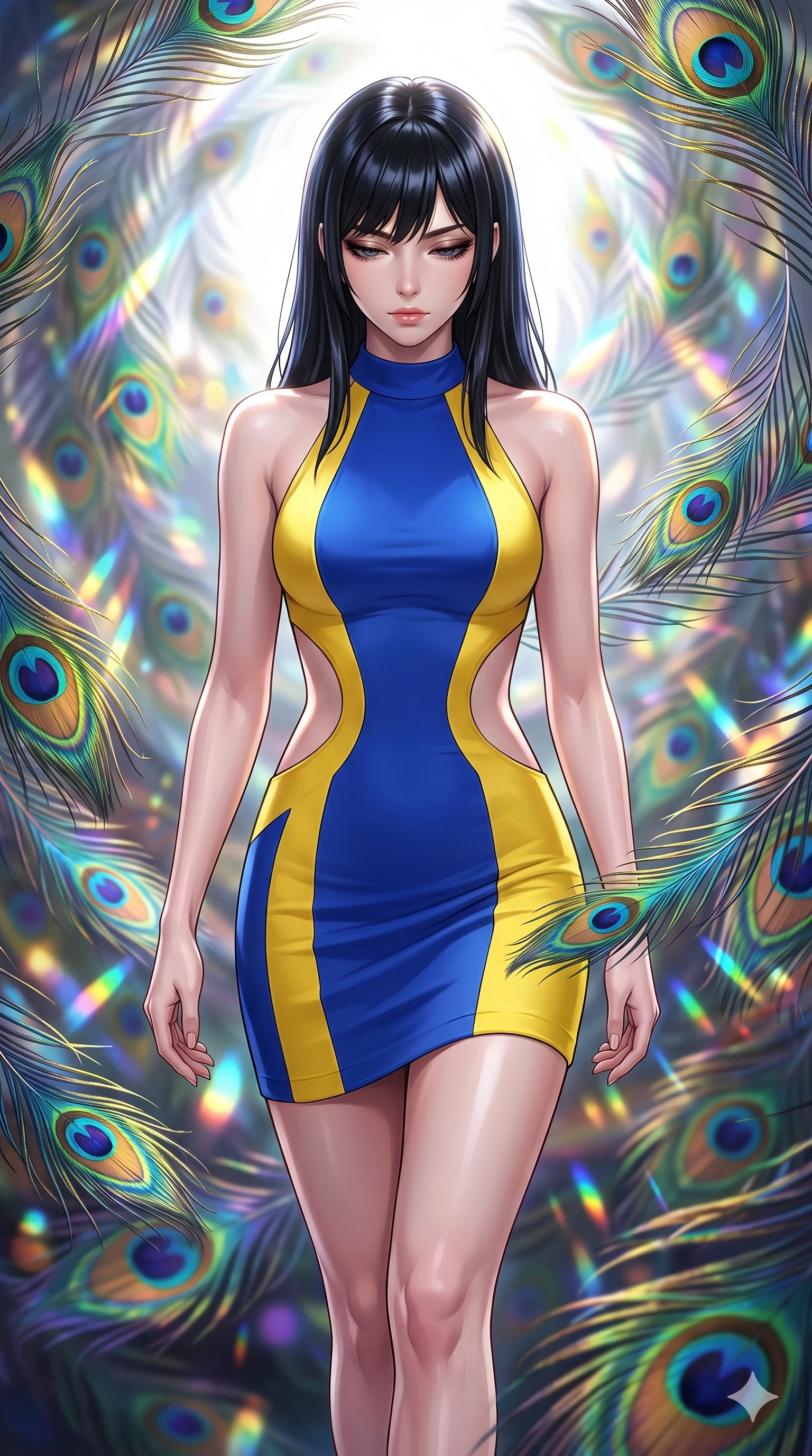 score_9, masterpiece, best quality, ultra-detailed, high-budget anime keyframe, editorial fashion photography, tasteful artistic composition, Caucasian woman, strictly human ears. close-up cowboy shot from the waist and thighs up, the character dominates the composition, filling the frame with her large presence, background elements kept in soft focus. Looking down with lowered lashes and a composed powerful expression. set against a soft-focus background of caught in a magnificent storm of thousands of iridescent peacock feathers that catch and scatter light into rainbow fractals as they swirl in complex spiraling patterns through the air. She has an exceptionally elegant and slender, willowy female figure with an ultra-slim waist, a gracefully sculpted slender torso, and a refined slim physique. sharp v-shaped jawline, high-bridge nose, intricate jewel-like eyes with depth, thick eyelashes, glossy lips with a natural sheen. wearing a structured halter-neck bodycon dress in two-tone cobalt blue and canary yellow, with dramatic curved cutouts at the sides of the torso. brilliant white key light from above refracting through the iridescent feather barbs into a dazzling display of emerald blue gold and violet scattered light. 2k, ultra detail, master piece, 9:16 ratio