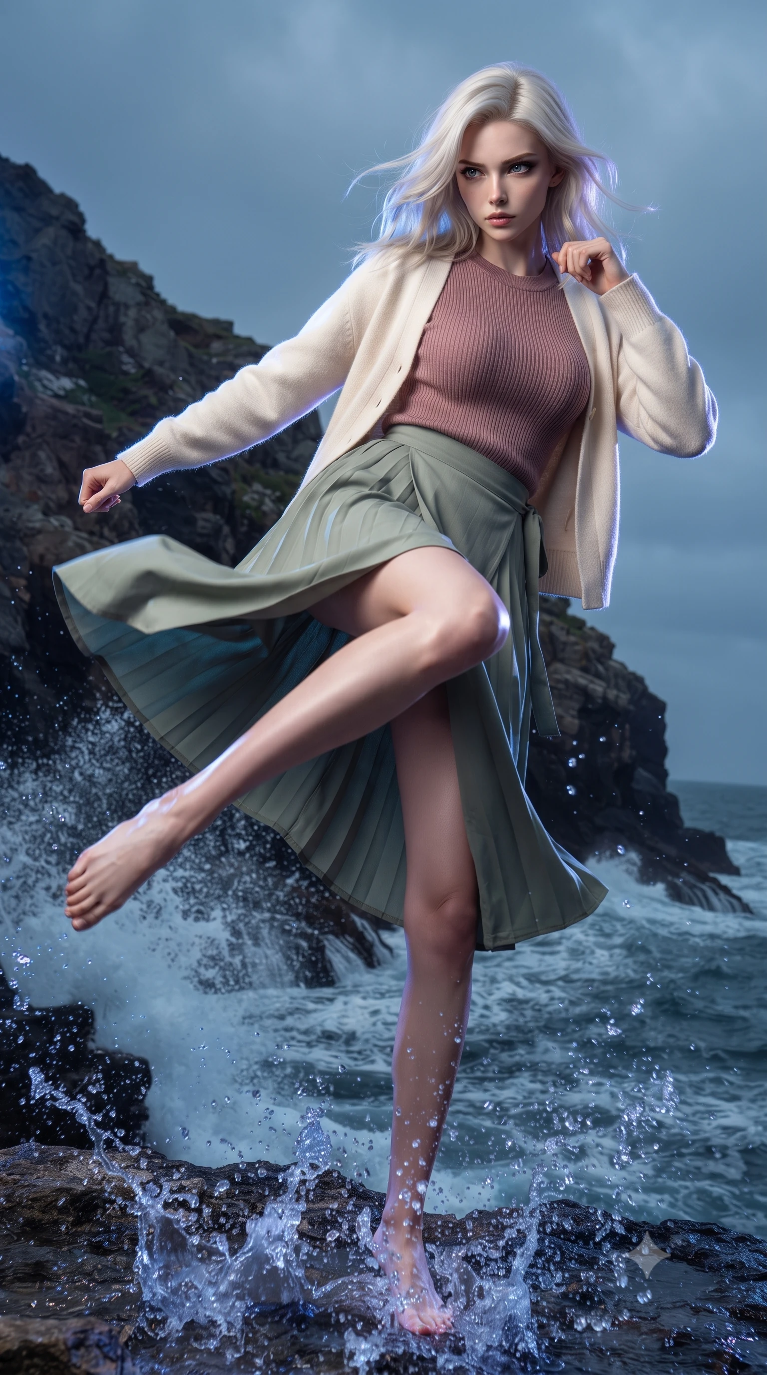 score_9, masterpiece, best quality, ultra-detailed, high-budget anime keyframe, editorial fashion photography, tasteful artistic composition, realistic cosplay photography, Caucasian woman, strictly human ears. low angle full-body shot from head to toe showing her feet, filling the entire 9:16 vertical frame with her statuesque presence, stretching her vertical silhouette. executing a lightning-fast low sweep kick with fluid momentum and intense focus inside a rocky cliffside overlooking a dark ocean, where giant waves smash against the stone base, spraying seawater high into the air. She has a statuesque 8.5-heads proportion, an exceptionally tall, slender and willowy model-like build with impossibly long legs and a highly sculpted ultra-slim waist. sharp v-shaped jawline, high-bridge nose, intricate jewel-like eyes with depth, thick eyelashes, glossy lips with a natural sheen. wearing the lightweight fabric rippling and billowing dramatically with her movement, a tailored dusty rose ribbed knit top layered under a cream wool cardigan, paired with a sage green pleated wrap midi skirt. brilliant cinematic volumetric lighting with intense neon rim light outlining her form. ultra-reflective glossy finish, specular highlights, metallic sheen, high-contrast stereoscopic depth, volumetric dynamic lighting, 2k, ultra detail, master piece, 9:16 ratio