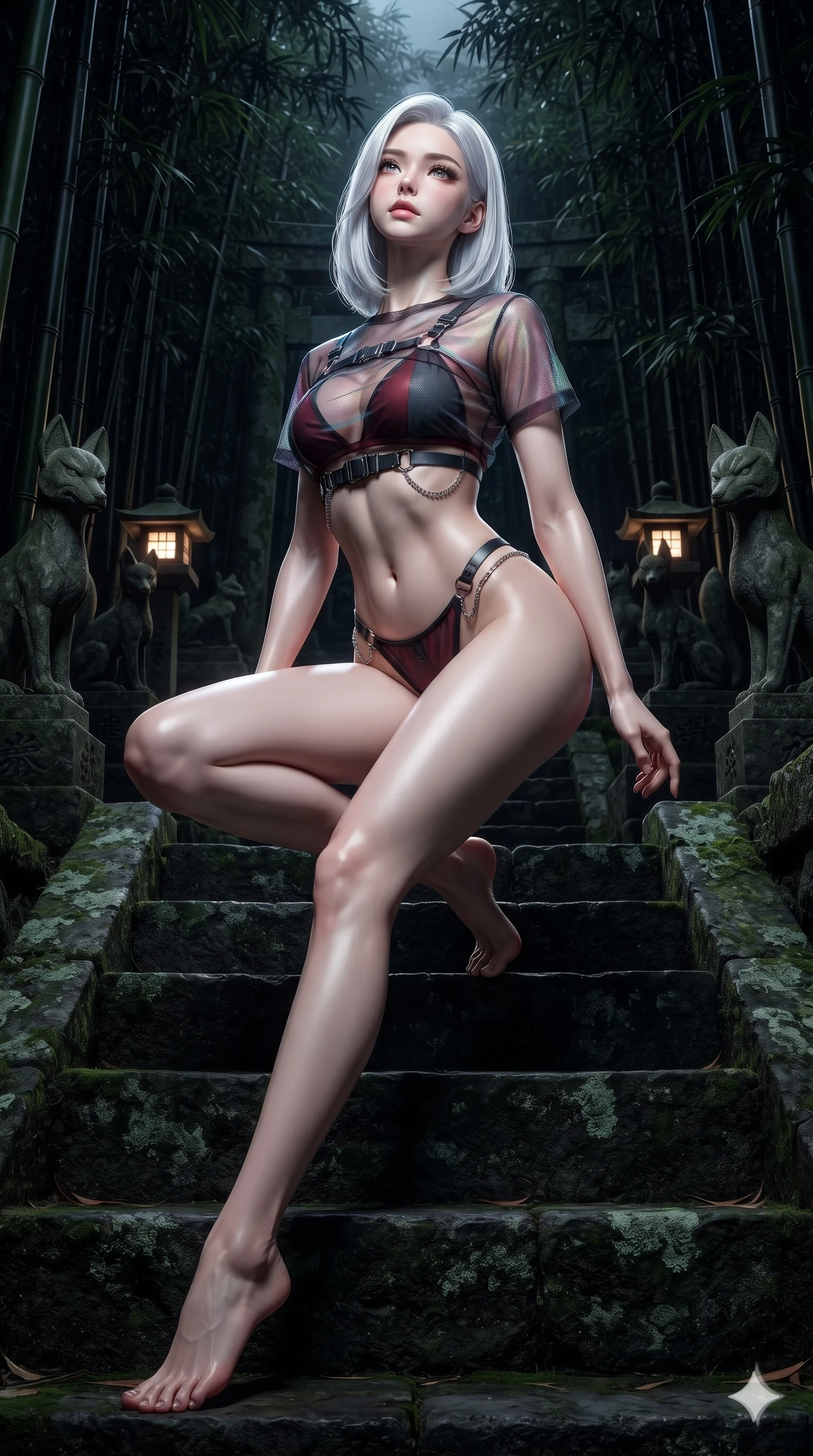 score_9, masterpiece, best quality, ultra-detailed, high-budget anime keyframe, editorial fashion photography, tasteful artistic composition, Korean woman. low angle full-body shot from head to toe showing her feet, filling the entire 9:16 vertical frame with her statuesque presence, stretching her vertical silhouette. sitting poised on the dark stone steps with one knee bent, arching her spine with supermodel elegance as she glances upward through thick eyelashes while stepping forward into the spiritual clearing with feline grace, hips swaying in an alluring sensual rhythm that accentuates her curvy hourglass silhouette. The surrounding environment is rendered in vivid detail and crisp panoramic clarity: sharp carved stone fox facial contours, green lichen textures, and slender black bamboo node rings in deep focus. She has an absolutely perfect, statuesque 8.5-heads proportion, an exceptionally tall and slender model-like female figure with impossibly long slender legs, an ultra-slim waist, a flat toned midriff, narrow delicate ribcage, and beautifully sculpted feminine hips creating a graceful, slim hourglass silhouette without any bulky heaviness. sharp v-shaped jawline, high-bridge nose, intricate jewel-like dark sparkling eyes with hypnotic seductive depth, thick curled eyelashes, glossy parted lips with a natural wine sheen, alluring bedroom-eyes with an enigmatic smoldering smile, exuding magnetic sovereign charisma and dark avant-garde glamour, flawlessly proportioned anatomical accuracy, strict slender model proportions, natural body alignment, perfectly sculpted long slender limbs, ultra-slim waistline, clean dynamic posture without body distortion. wearing a translucent iridescent mesh swim crop top paired with high-cut string bikini bottoms and dark waist chains in deep crimson burgundy and matte charcoal, crafted from layered gossamer black organza with weightless, smoky flutter, framed by dark titanium buckles and silver chain details, the form-fitting cut adhering flawlessly to her sculpted flat midriff and slender torso, emphasizing her long leg lines and perfectly proportioned willowy build. illuminated by spirit lantern cold ground bounce and sharp silver-cyan rim lights defining her razor-sharp jawline, narrow waist, and curvy hips. ultra-reflective glossy finish, specular highlights, metallic sheen, high-contrast stereoscopic depth, volumetric dynamic lighting, 2k, ultra detail, master piece, 9:16 ratio