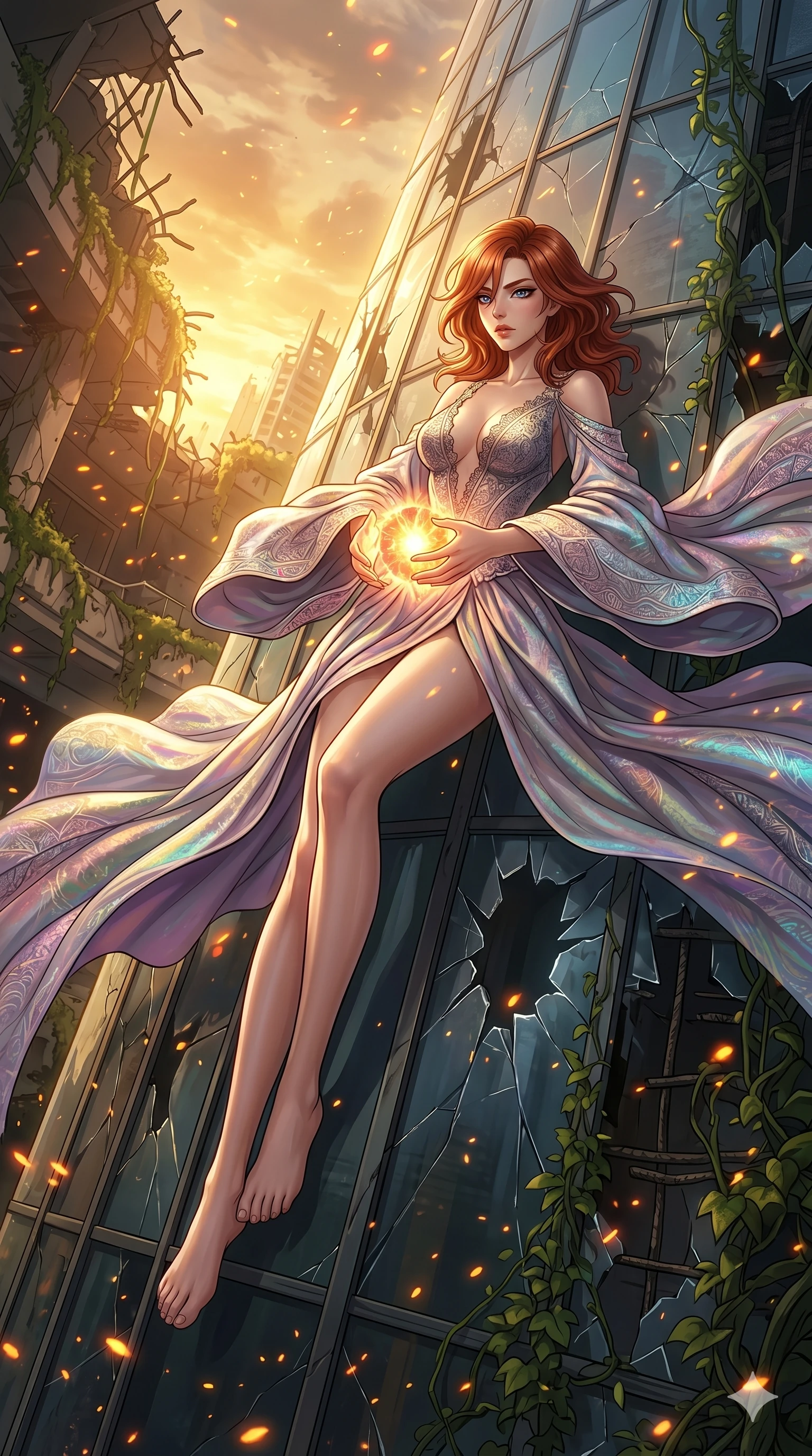 score_9, masterpiece, best quality, ultra-detailed, Set A: High-budget Anime Keyframe, Caucasian (human ears) woman. Low angle cowboy shot filling the entire 9:16 frame with her statuesque presence. Theme: Ethereal Dream. sliding down a glass skyscraper in a ruined overgrown shopping mall, holding a glowing core that hums with the power of 182 suns. The atmosphere is filled with golden hour with floating embers. She has an absolutely perfect 8-heads proportion, an exceptionally tall and slender female figure with impossibly long slender legs and an ultra-slim waist. Sharp v-shaped jawline, high-bridge nose, intricate jewel-like eyes with depth, glossy lips. Wearing Futuristic court-lady gown with massive sleeves and a deep-cut lace bodice. Cinematic lighting, vivid colors, dramatic shadows, 2k, ultra detail, master piece, 9:16 ratio