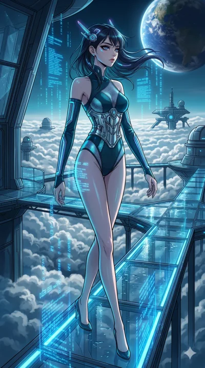 score_9, masterpiece, best quality, ultra-detailed, high-budget anime movie keyframe, cinematic anime lighting, intricate line art, Korean anime girl. Low angle cowboy shot filling the entire 9:16 frame with her statuesque presence. navigating a sea 