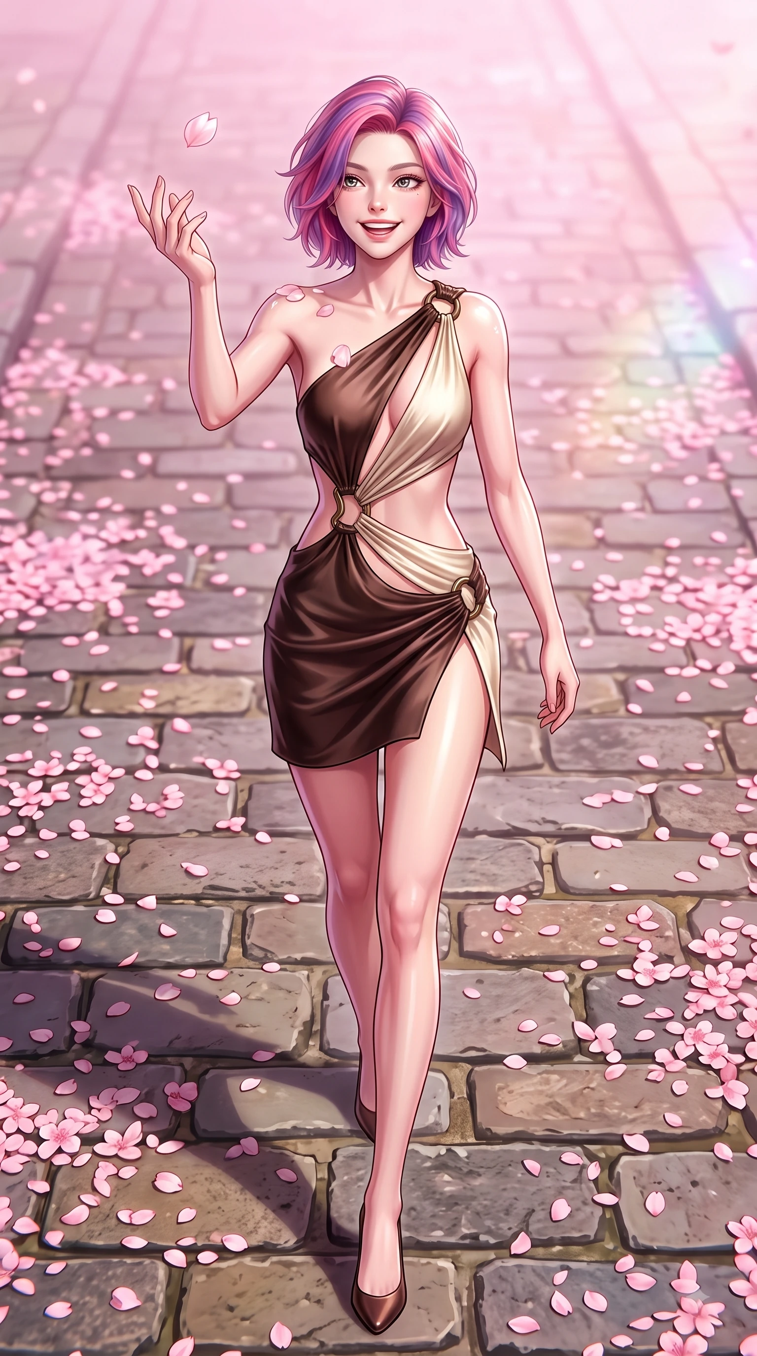 score_9, masterpiece, best quality, ultra-detailed, high-budget anime keyframe, editorial fashion photography, tasteful artistic composition, Caucasian woman. low angle full-body shot from head to toe showing her feet, filling the entire 9:16 vertical frame with her statuesque presence, stretching her vertical silhouette. stepping forward in a proud dynamic stride with a cheerful beaming smile, her vertical silhouette filling the frame while reaching her hand up playfully to catch a floating cherry blossom petal in mid-air, floating sakura petals scattering across the cobblestone path and her shoulder. She has an absolutely perfect, statuesque 8.5-heads proportion, an exceptionally tall and slender model-like female figure with impossibly long slender legs and an ultra-slim waist. sharp v-shaped jawline, high-bridge nose, intricate jewel-like eyes with depth, thick eyelashes, glossy lips with a natural sheen, flawlessly proportioned anatomical accuracy, natural body alignment, perfectly sculpted elegant limbs, clean dynamic posture without body distortion. wearing a dramatic open-waist cutout mini dress framed by sculptural hardware in espresso brown and warm cream, crafted from lustrous satin jersey with fluid draping, finished with a sleek side slit ascending to mid-thigh, the elegant draped fit framing her graceful clavicle and slender torso. illuminated by soft glowing pink ambient light and clear sky refractions. highly saturated vibrant anime colors, detailed shading with soft gradients, rich glossy textures, high-contrast stereoscopic depth, volumetric dynamic lighting, master piece, 9:16 ratio