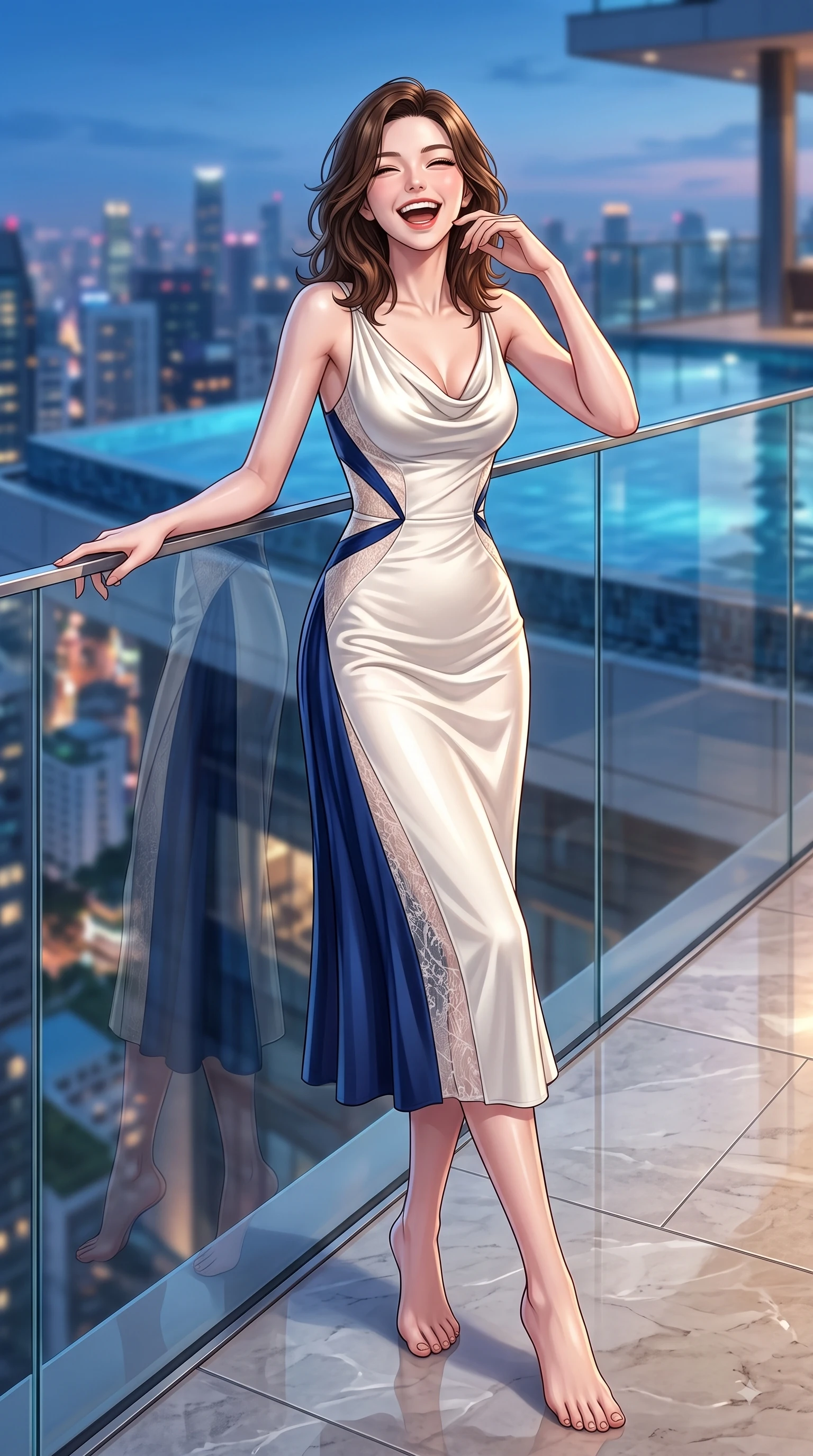 score_9, masterpiece, best quality, ultra-detailed, high-budget anime keyframe, editorial fashion photography, tasteful artistic composition, Korean woman. low angle full-body shot from head to toe showing her feet, filling the entire 9:16 vertical frame with her statuesque presence, stretching her vertical silhouette. Beaming joyful energy with a infectious laughter that brightens the entire composition while leaning against a sleek glass railing overlooking a vibrant urban skyline. The composition keeps background elements in soft focus with dreamy bokeh. infinity pool water reflections and glass railings softened in smooth shallow focus. She has an absolutely perfect, statuesque 8.5-heads proportion, an exceptionally tall and slender model-like female figure with impossibly long slender legs and an ultra-slim waist. sharp v-shaped jawline, high-bridge nose, intricate jewel-like eyes with depth, thick eyelashes, glossy lips with a natural sheen, flawlessly proportioned anatomical accuracy, natural body alignment, perfectly sculpted elegant limbs, clean dynamic posture without body distortion. wearing an elegant ivory silk cowl-neck dress with fluid draped lines in royal navy blue and pure ivory, made of fine lace weave and soft satin jersey, complemented by clean architectural seams and subtle cutouts, the sleek second-skin fit accentuating her magnetic presence. surrounded by an opulent, glamorous, and high-fashion nightlife editorial aura. highly saturated vibrant anime colors, detailed shading with soft gradients, rich glossy textures, high-contrast stereoscopic depth, volumetric dynamic lighting, master piece, 9:16 ratio