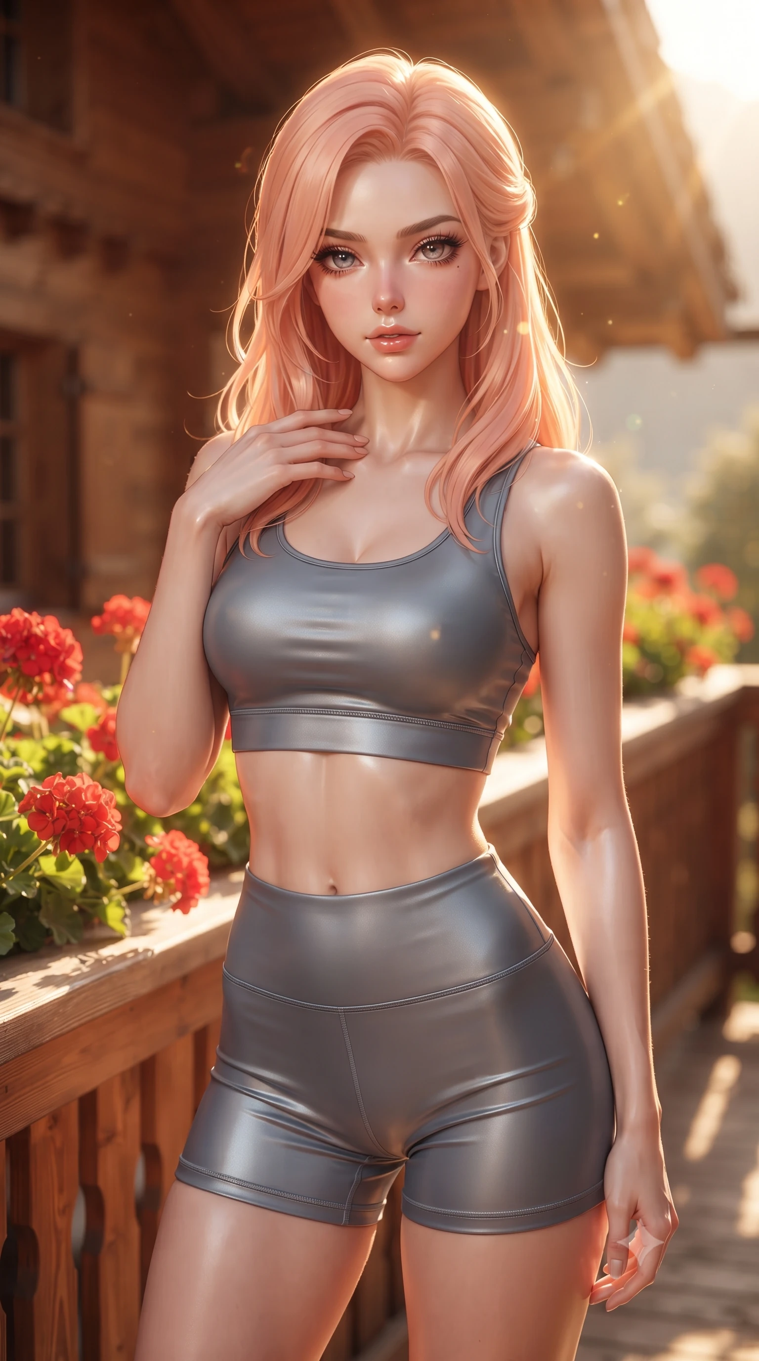 score_9, masterpiece, best quality, ultra-detailed, high-budget anime keyframe, editorial fashion photography, tasteful artistic composition, Japanese woman woman. close-up cowboy shot from the waist and thighs up, the character dominates the composition, filling the frame with her large presence, background elements kept in soft focus. standing with one hand resting on her collarbone, looking at the viewer with bedroom-eyes the background shows a soft-focus a wooden balcony of a Swiss chalet decorated with red geraniums. She has an exceptionally elegant, slender, and willowy female figure with an ultra-slim waist, a gracefully sculpted slender torso, and a refined silhouette. sharp v-shaped jawline, high-bridge nose, intricate jewel-like eyes with depth, thick eyelashes, glossy lips with a natural sheen. wearing a body-hugging body-hugging athletic crop top and high-waisted shorts set in slate grey. warm afternoon sunbeams coloring the wooden beams and flowers in vivid tones. ultra-reflective glossy finish, specular highlights, metallic sheen, high-contrast stereoscopic depth, volumetric dynamic lighting, 2k, ultra detail, master piece, 9:16 ratio