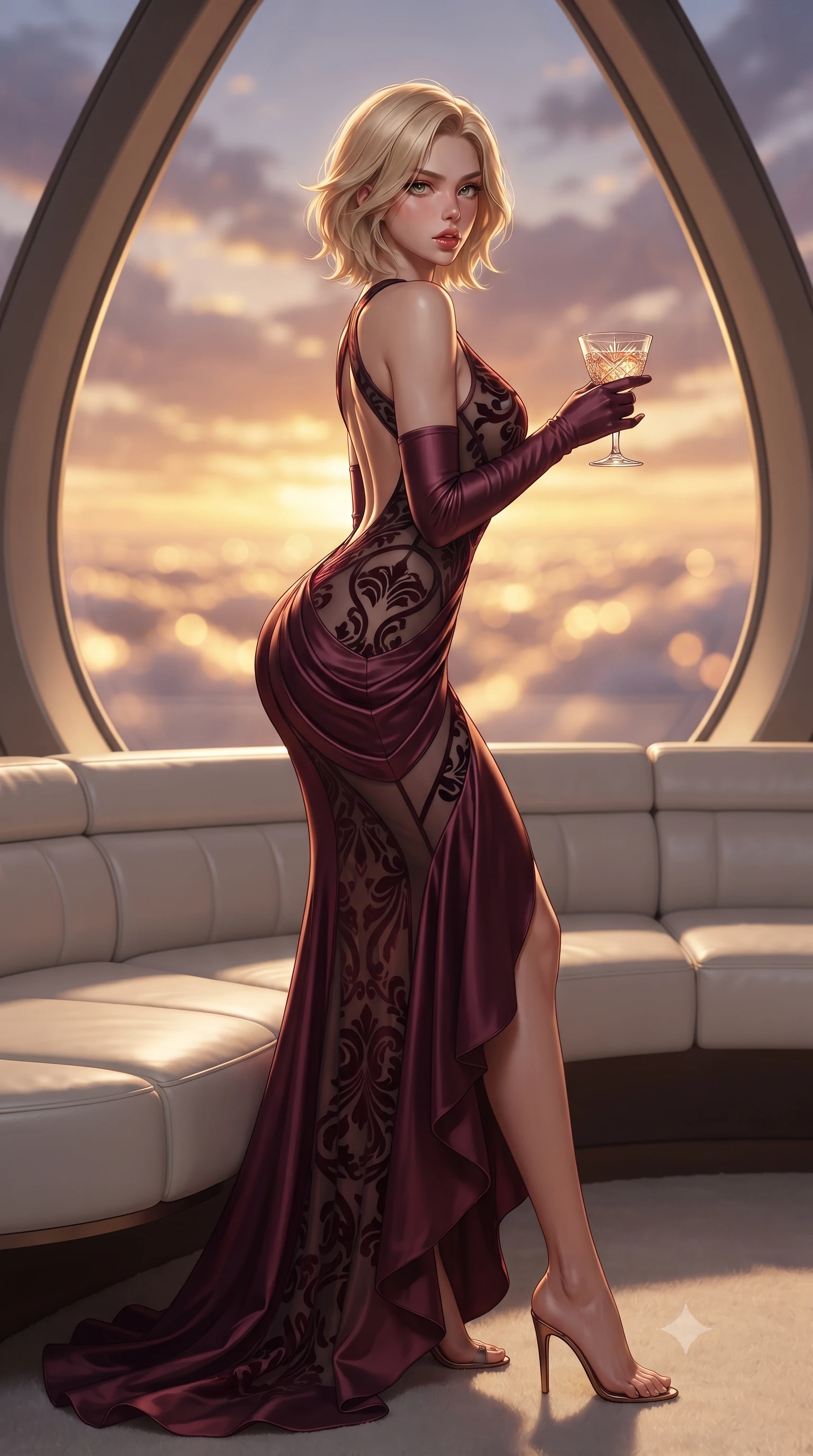 score_9, masterpiece, best quality, ultra-detailed, high-budget anime keyframe, editorial fashion photography, tasteful artistic composition, Caucasian woman. low angle full-body shot from head to toe showing her feet, filling the entire 9:16 vertical frame with her statuesque presence, stretching her vertical silhouette. leaning deep against the structural architecture with hips cocked in an unapologetically bold, seductive high-fashion stance while perching on the edge of a sculpted white leather captain's banquette, arching her lower back as golden sunset storm clouds stretch endlessly beneath the teardrop canopy. The composition keeps background elements in soft focus with creamy bokeh. billowing sunset cumulus cloud formations and glowing twilight horizons blurred into molten gold, apricot, and lavender bokeh. She has an exceptionally tall and slender model-like 8.5-heads proportion, an ultra-slim waist, a flat toned midriff, narrow delicate ribcage, and beautifully sculpted feminine hips creating a graceful, slim hourglass silhouette without any bulky heaviness, with impossibly long slender legs. sharp v-shaped jawline, high-bridge nose, intricate jewel-like eyes with depth, thick eyelashes, glossy parted lips with a natural sheen, intensely captivating and seductive bedroom-eyes expression, flawlessly proportioned anatomical accuracy, strict slender model proportions, natural body alignment, perfectly sculpted long slender limbs, ultra-slim waistline, clean dynamic posture without body distortion. wearing an open-back duchess satin gala gown with a dramatic hip-hugging drape and cascading trailing hem in deep wine burgundy and brushed dark platinum, made of sheer contouring power-mesh with velvet flocking patterns, accessorized with opera-length satin gloves and a vintage crystal glass, the precision-cut side openings and low-back scoop framing her graceful spine and the sensual sweep of her slim, toned hips. illuminated by warm amber floor mood lights sharply defining her sculpted collarbones, flat midriff, and rounded hips. ultra-reflective glossy finish, specular highlights, rich textural contrasts, high-contrast stereoscopic depth, volumetric dynamic lighting, 2k, ultra detail, master piece, 9:16 ratio