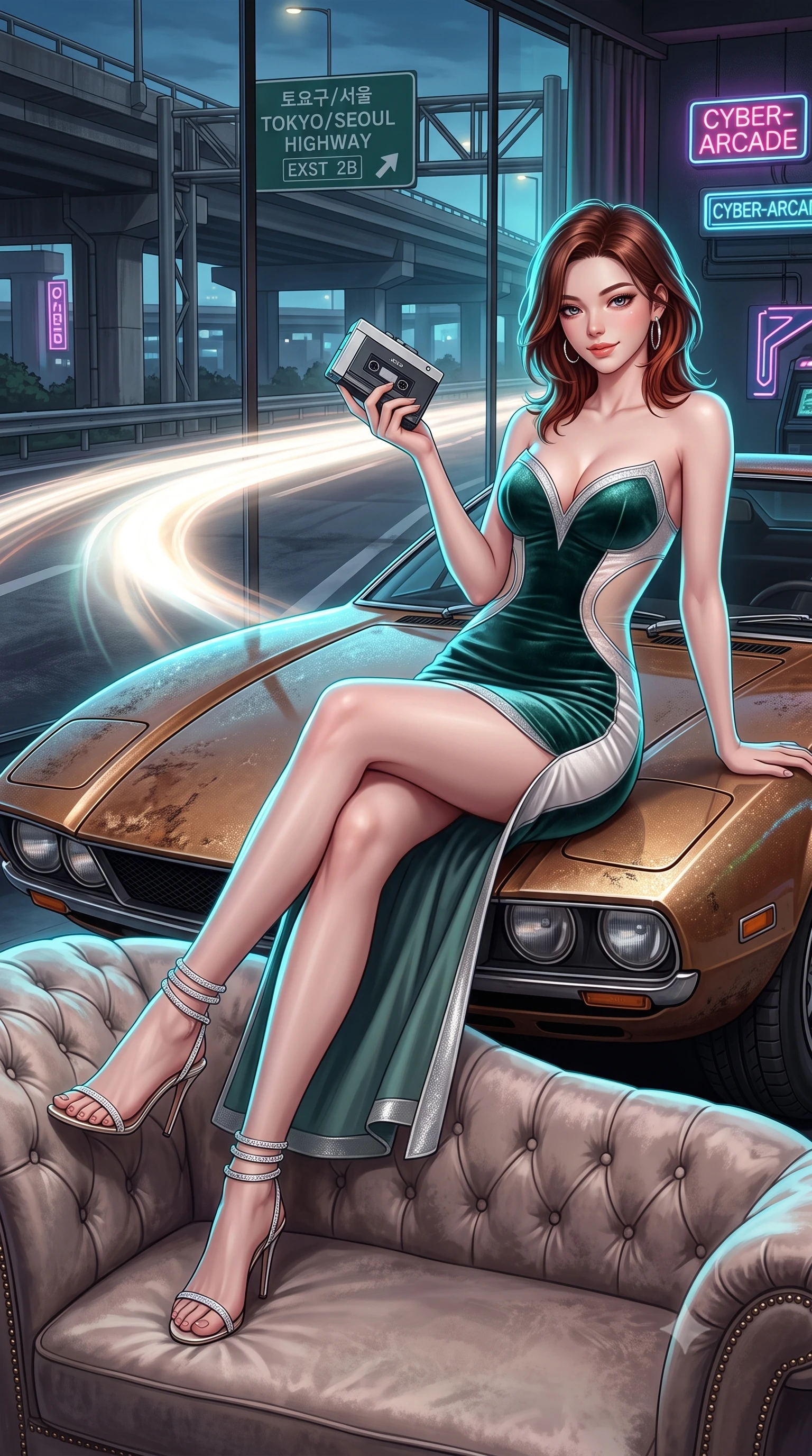 score_9, masterpiece, best quality, ultra-detailed, high-budget anime keyframe, semi-realistic 3D game render, editorial fashion photography, tasteful artistic composition, Korean woman. low angle full-body shot from head to toe showing her feet, filling the entire 9:16 vertical frame with her statuesque presence, stretching her vertical silhouette. reclining gracefully across the plush chaise lounge with one leg extended, her sculpted silhouette and flat midriff radiating magnetic nocturnal glamour while perched casually on the hood of the classic sports car with legs crossed, holding a cassette player while flashing a confident, teasing smile. The surrounding environment is rendered in vivid detail and crisp panoramic clarity: detailed leatherette/lamé fabric weave, metallic hoop earring shine, and late-80s highway infrastructure in razor-sharp precision. She has an absolutely perfect, statuesque 8.5-heads proportion, an exceptionally tall and slender model-like female figure with impossibly long slender legs, an ultra-slim waist, a flat toned midriff, narrow delicate ribcage, and beautifully sculpted feminine hips creating a graceful, slim hourglass silhouette without any bulky heaviness. sharp v-shaped jawline, high-bridge nose, sparkling eyes with hypnotic seductive depth, thick curled eyelashes, glossy parted lips with a natural dewy peach sheen, alluring bedroom-eyes with an enchanting coquettish smile, exuding magnetic siren charisma and sophisticated glamour, flawlessly proportioned anatomical accuracy, strict slender model proportions, natural body alignment, perfectly sculpted long slender limbs, ultra-slim waistline, clean dynamic posture without body distortion. wearing a deep sweetheart-neckline velvet bodycon dress with sheer side-torso cutouts accentuating her hourglass curves in moonlit jade green and pure alabaster white with silver accents, woven from buttery-soft stretch lambskin leather adhering to her body like a second skin, complemented by strappy stiletto sandals with crystal ankle wraps accentuating her slender calves, the liquid-tight tailored fabric clinging flawlessly to her narrow waist and rounded feminine hips, emphasizing every millimeter of her sculpted slim hourglass curves without any bulky heaviness. illuminated by passing car headlight streaks and sharp electric-cyan rim lights defining her razor-sharp jawline, narrow waist, and curvy hips. highly saturated vibrant anime colors, detailed shading with soft gradients, rich glossy textures, high-contrast stereoscopic depth, volumetric dynamic lighting, master piece, 9:16 ratio