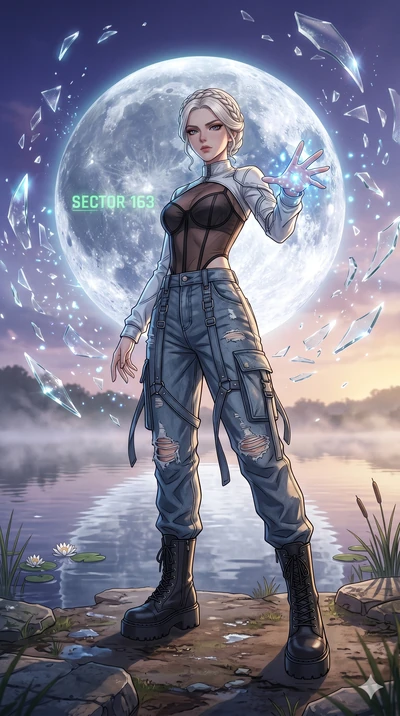 score_9, masterpiece, best quality, ultra-detailed, Set A: High-budget Anime Keyframe, Korean woman. Low angle cowboy shot filling the entire 9:16 frame with her statuesque presence. Casting a spell through a misty lakeside at dawn, with a massive ho