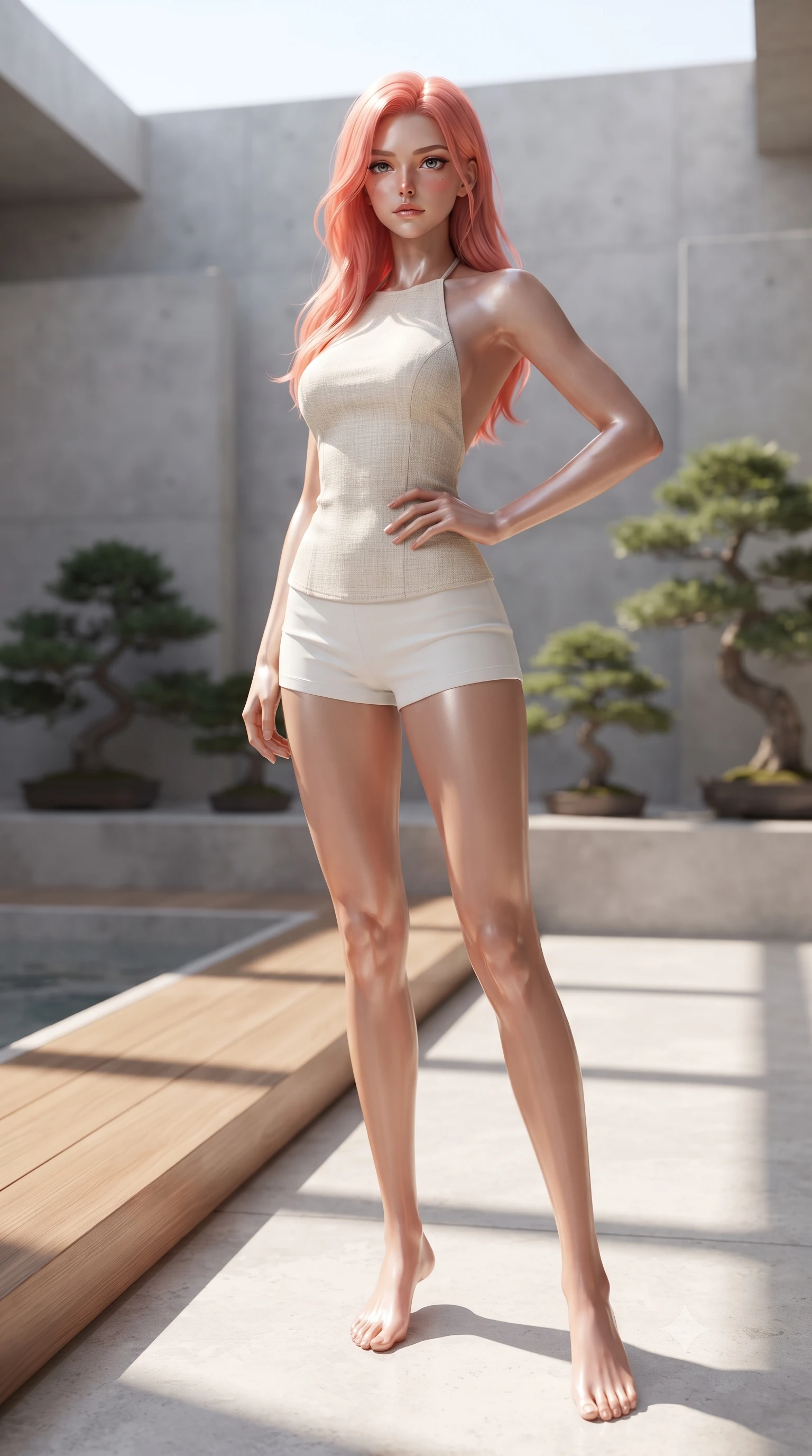 score_9, masterpiece, best quality, ultra-detailed, high-budget anime keyframe, editorial fashion photography, tasteful artistic composition, Japanese woman woman. low angle full-body shot from head to toe showing her feet, filling the entire 9:16 vertical frame with her statuesque presence, stretching her vertical silhouette. posing confidently with one hand on her hip, stretching her statuesque body to emphasize her curves the background shows a soft-focus a minimalist outdoor bath deck with concrete walls and bonsai landscaping. She has an absolutely perfect, statuesque 8.5-heads proportion, an exceptionally tall and slender model-like female figure with impossibly long slender legs and an ultra-slim waist. sharp v-shaped jawline, high-bridge nose, intricate jewel-like eyes with depth, thick eyelashes, glossy lips with a natural sheen. wearing a body-hugging stylish linen halter top with an open-back design, paired with white micro-shorts. sharp morning sunbeams casting clean, structured shadows across the deck. ultra-reflective glossy finish, specular highlights, metallic sheen, high-contrast stereoscopic depth, volumetric dynamic lighting, 2k, ultra detail, master piece, 9:16 ratio