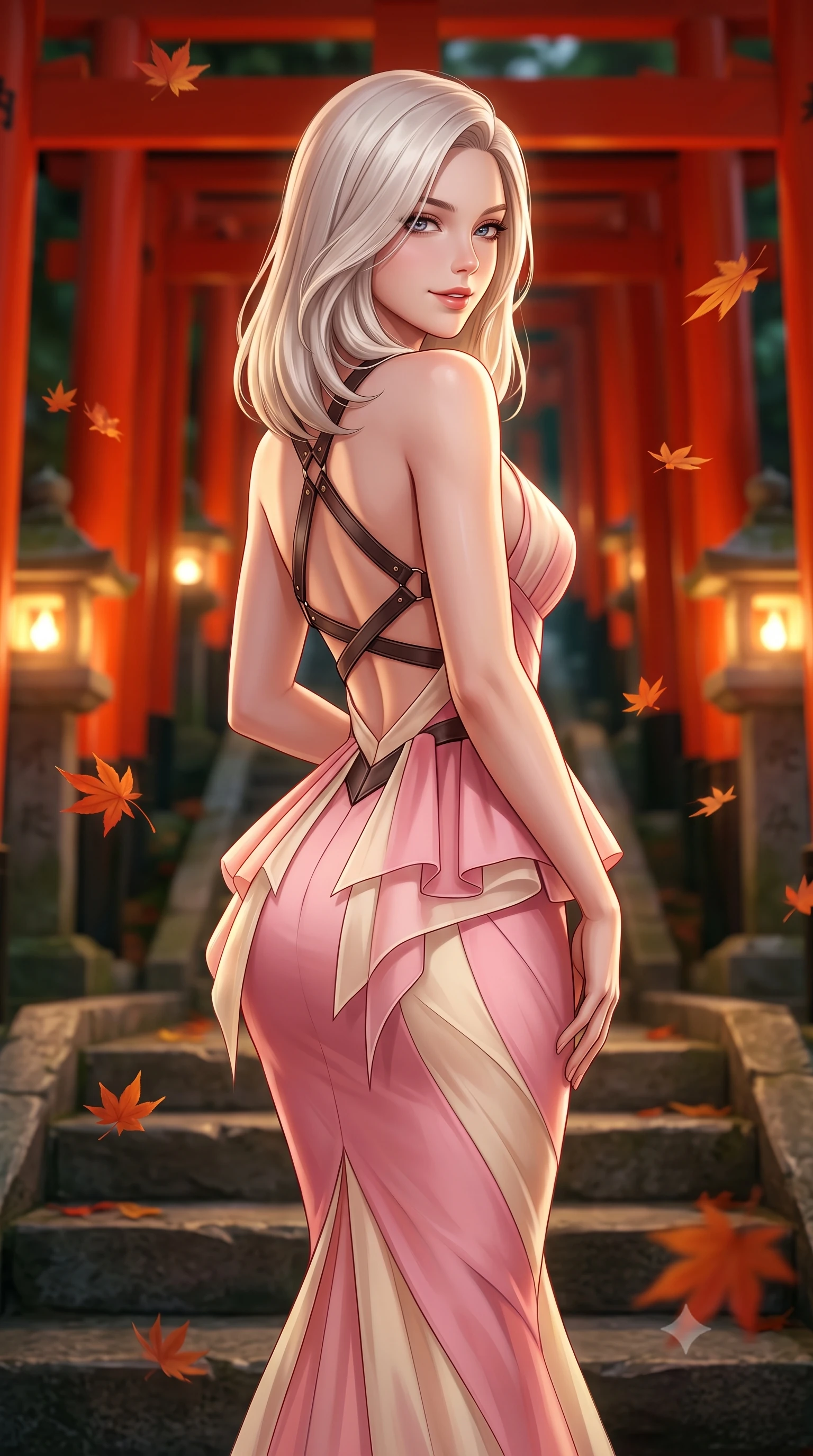 score_9, masterpiece, best quality, ultra-detailed, high-budget anime keyframe, semi-realistic 3D game render, editorial fashion photography, tasteful artistic composition, Caucasian woman. close-up cowboy shot from the waist and thighs up, the character dominates the composition, filling the frame with her large presence. turning over a bare shoulder with an intoxicating, teasing smile, her soft hair framing her sharp jawline as her hips angle gracefully while standing poised on the ancient stone steps between glowing stone lanterns, twisting her slender torso in an alluring S-curve as autumn maple leaves fall. The composition keeps background elements in soft focus with creamy bokeh. endless tunnel of bright vermilion torii arches and glowing stone lantern flames blurred into rich vermilion, amber, and deep forest-green bokeh. She has an exceptionally elegant, slender, and willowy female figure with an ultra-slim waist, flat toned midriff, narrow ribcage, and sculpted feminine hips creating an alluring, slim hourglass silhouette without bulk. sharp v-shaped jawline, high-bridge nose, intricate jewel-like eyes with depth, thick eyelashes, glossy parted lips with a natural sheen, intensely captivating and seductive bedroom-eyes expression, flawlessly proportioned anatomical accuracy, strict slender model proportions, natural body alignment, perfectly sculpted long slender limbs, ultra-slim waistline, clean dynamic posture without body distortion. wearing a structural geometric peplum gown with sheer side-ribbon cutouts and form-fitting skirt in sakura blossom pink and warm ivory, woven from layered gossamer chiffon with a weightless sweeping drape, featuring an open-back criss-cross harness strap in dark leather, the second-skin form-contouring cut accentuating her sculpted flat midriff, narrow delicate ribcage, and gracefully curvy hips with supermodel precision. illuminated by delicate directional lantern light sharply defining her sculpted collarbones, narrow waist, and curvy hips. highly saturated vibrant anime colors, detailed shading with soft gradients, rich glossy textures, high-contrast stereoscopic depth, volumetric dynamic lighting, master piece, 9:16 ratio