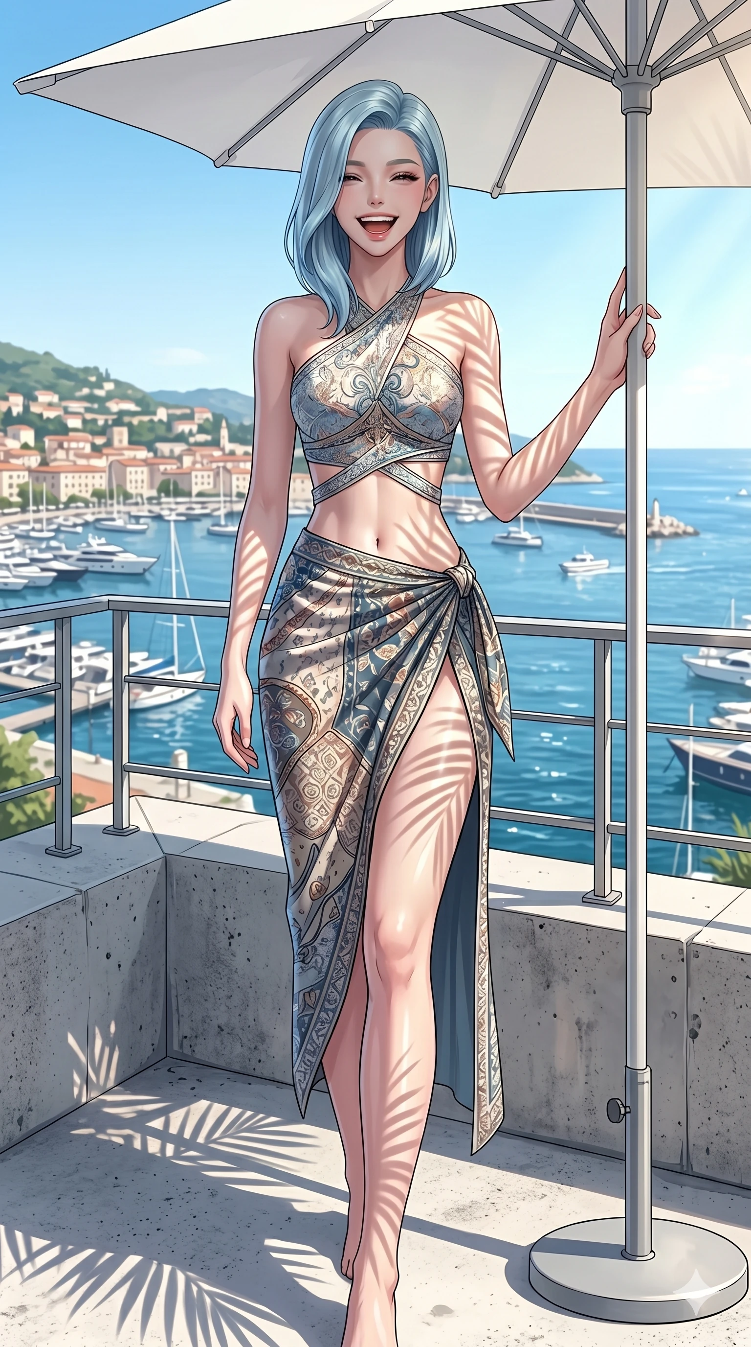 score_9, masterpiece, best quality, ultra-detailed, high-budget anime keyframe, vibrant anime aesthetic, Korean woman. cowboy shot from the thighs up, character and outfit filling the frame for maximum presence. She is posing with a delightful laugh, leaning one hand against a white umbrella on a modern concrete terrace overlooking a sunlit harbor (Code-P20-068). She has an absolutely perfect 8-heads proportion, an exceptionally tall and slender female figure with impossibly long slender legs and an ultra-slim waist. V-shaped jawline, high-bridge nose, intricate jewel-like eyes with depth, thick eyelashes, glossy lips with a natural sheen. wearing a fusion top with exposed waist and high-slit wrap skirt. She is drenched in brilliant afternoon sunshine, casting patterns of palm leaves over her. 2k, ultra detail, master piece, 9:16 ratio