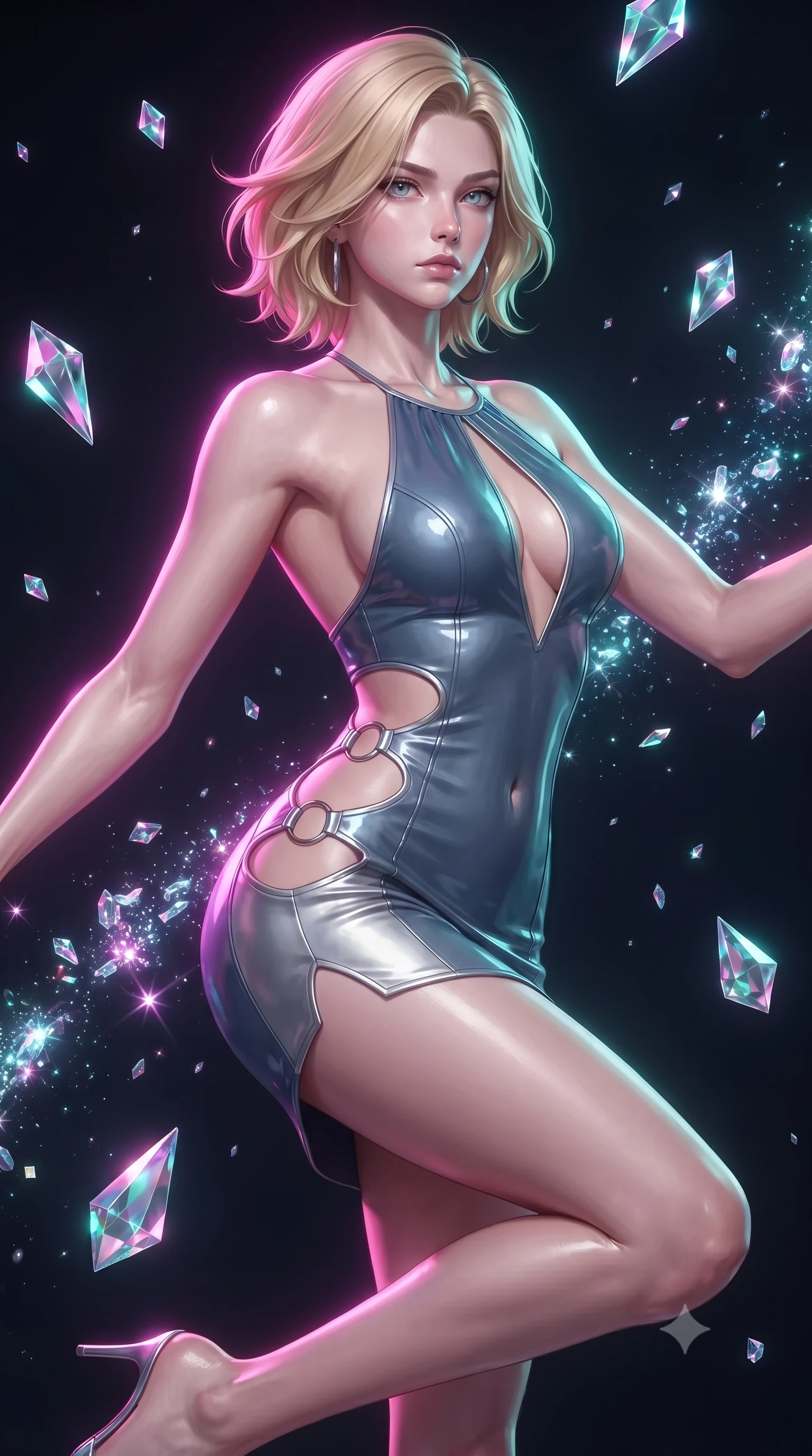 score_9, masterpiece, best quality, ultra-detailed, high-budget anime keyframe, editorial fashion photography, tasteful artistic composition, Caucasian woman. close-up cowboy shot from the waist and thighs up, the character dominates the composition, filling the frame with her large presence, background elements kept in soft focus. Gazing past the lens with composed intensity as her torso curves dynamically in mid-motion while leaping gracefully through mid-air inside a zero-gravity void filled with floating crystal prisms, glowing crystalline dust motes sparkling dynamically in the surrounding dark space. She has an exceptionally elegant, slender, and willowy female figure with an ultra-slim waist, a gracefully sculpted slender torso, and a refined silhouette. sharp v-shaped jawline, high-bridge nose, intricate jewel-like eyes with depth, thick eyelashes, glossy lips with a natural sheen, flawlessly proportioned anatomical accuracy, natural body alignment, perfectly sculpted elegant limbs, clean dynamic posture without body distortion. wearing a deep-scoop halter bodycon dress with hip cutouts connected by silver rings in slate blue and metallic silver, tailored from high-gloss patent leather, accented with a Tasteful chest slit framing her clavicle gracefully, the tailored fabric tightly following every curve of her athletic build. surrounded by a radiant aura of neon magenta and turquoise fluid highlights. ultra-reflective glossy finish, specular highlights, metallic sheen, high-contrast stereoscopic depth, volumetric dynamic lighting, 2k, ultra detail, master piece, 9:16 ratio