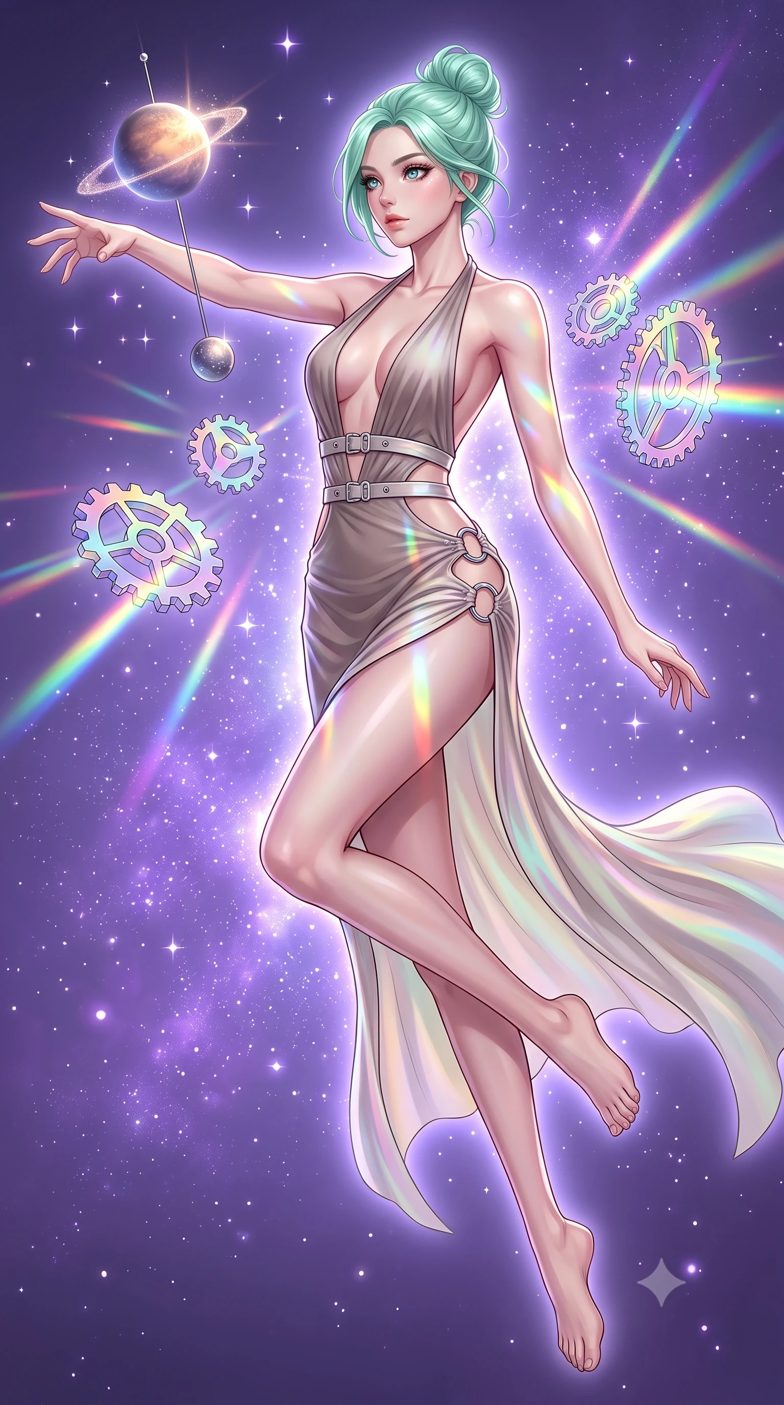 score_9, masterpiece, best quality, ultra-detailed, high-budget anime keyframe, editorial fashion photography, tasteful artistic composition, Japanese woman. low angle full-body shot from head to toe showing her feet, filling the entire 9:16 vertical frame with her statuesque presence, stretching her vertical silhouette. leaping gracefully through mid-air with statuesque elegance, her impossibly long slender legs stretched in perfect balance while reaching her arm forward to intercept a floating planetary pendulum catching starlight, floating prism gears scattering brilliant rainbow light beams across her statuesque build. She has an absolutely perfect, statuesque 8.5-heads proportion, an exceptionally tall and slender model-like female figure with impossibly long slender legs and an ultra-slim waist. sharp v-shaped jawline, high-bridge nose, intricate jewel-like eyes with depth, thick eyelashes, glossy lips with a natural sheen, flawlessly proportioned anatomical accuracy, natural body alignment, perfectly sculpted elegant limbs, clean dynamic posture without body distortion. wearing a deep-scoop halter bodycon dress with hip cutouts connected by silver rings in muted taupe and soft ivory, crafted from iridescent chiffon that shifts colors in the light, detailed with polished silver buckles along the waistline, the elegant draped fit framing her graceful clavicle and slender torso. surrounded by a glowing aura of starlight and shimmering violet cosmic fill. highly saturated vibrant anime colors, detailed shading with soft gradients, rich glossy textures, high-contrast stereoscopic depth, volumetric dynamic lighting, master piece, 9:16 ratio