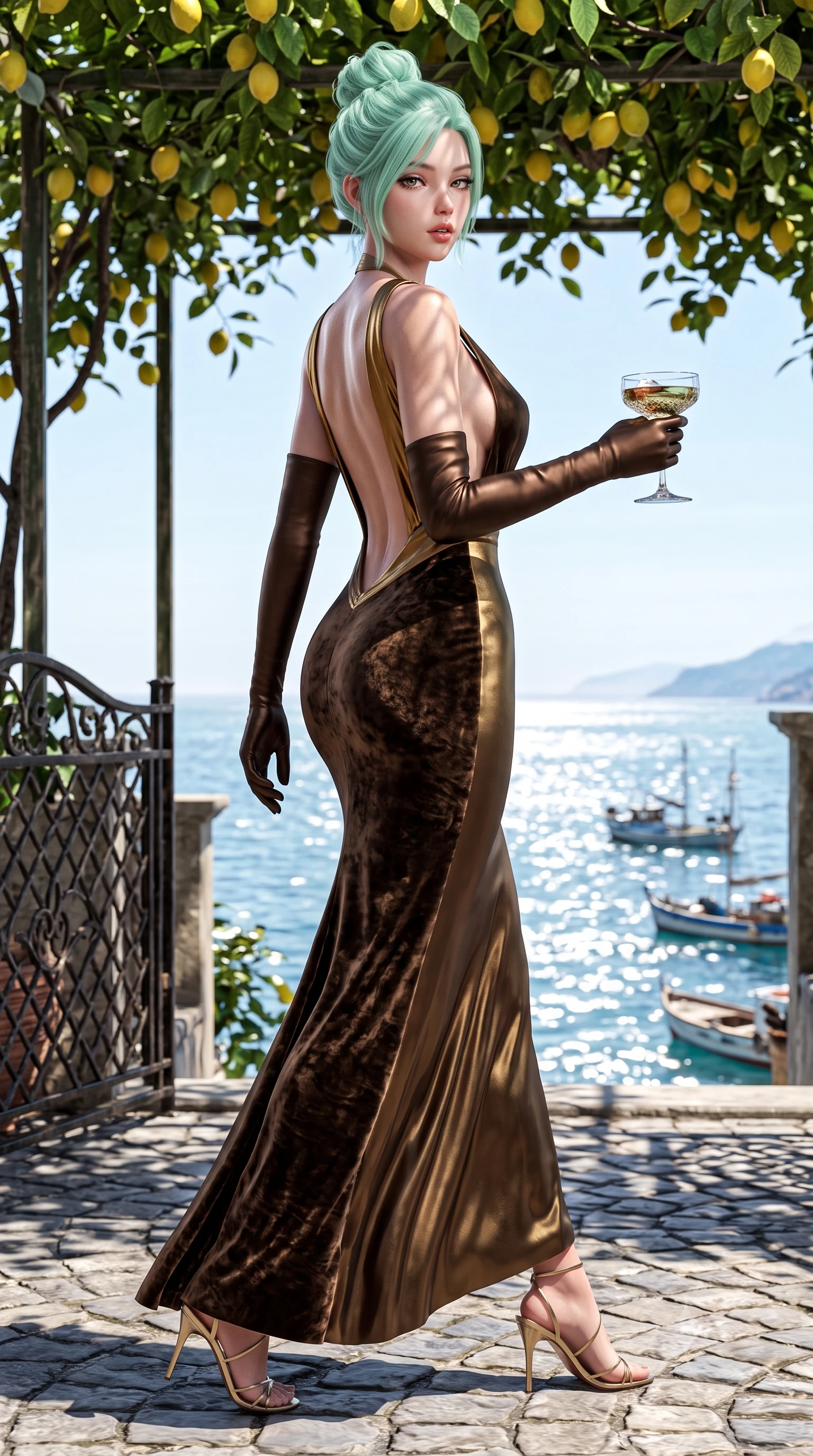 score_9, masterpiece, best quality, ultra-detailed, high-budget anime keyframe, semi-realistic 3D game render, editorial fashion photography, tasteful artistic composition, Japanese woman. low angle full-body shot from head to toe showing her feet, filling the entire 9:16 vertical frame with her statuesque presence, stretching her vertical silhouette. striding forward in a proud supermodel runway stride, hips swaying in an alluring kinetic rhythm that accentuates her curvy hourglass silhouette while reclining languidly across a wrought-iron sunbed under the leafy lemon canopy, her long slender legs and feminine curves bathed in dappled golden light. The surrounding environment is rendered in vivid detail and crisp panoramic clarity. detailed linen sundress weave, sun-dappled skin highlights, and distant fishing boat clarity in high resolution. She has an exceptionally tall and slender model-like 8.5-heads proportion, an ultra-slim waist, a flat toned midriff, narrow delicate ribcage, and beautifully sculpted feminine hips creating a graceful, slim hourglass silhouette without any bulky heaviness, with impossibly long slender legs. sharp v-shaped jawline, high-bridge nose, intricate jewel-like eyes with depth, thick eyelashes, glossy parted lips with a natural sheen, intensely captivating and seductive bedroom-eyes expression, flawlessly proportioned anatomical accuracy, strict slender model proportions, natural body alignment, perfectly sculpted long slender limbs, ultra-slim waistline, clean dynamic posture without body distortion. wearing a liquid-silk jersey evening gown with an ultra-deep plunging open back descending to the base of her spine and a sculpted hip-hugging skirt in dark espresso brown and molten gold foil, crafted from heavyweight crushed silk velvet with liquid vintage luster, accessorized with opera-length satin gloves and a vintage crystal glass, the second-skin form-contouring cut accentuating her sculpted flat midriff, narrow delicate ribcage, and gracefully curvy hips with supermodel precision. illuminated by intense specular sea surface glints defining her sculpted collarbones, narrow waist, and curvy hips. highly saturated vibrant anime colors, detailed shading with soft gradients, rich glossy textures, high-contrast stereoscopic depth, volumetric dynamic lighting, master piece, 9:16 ratio