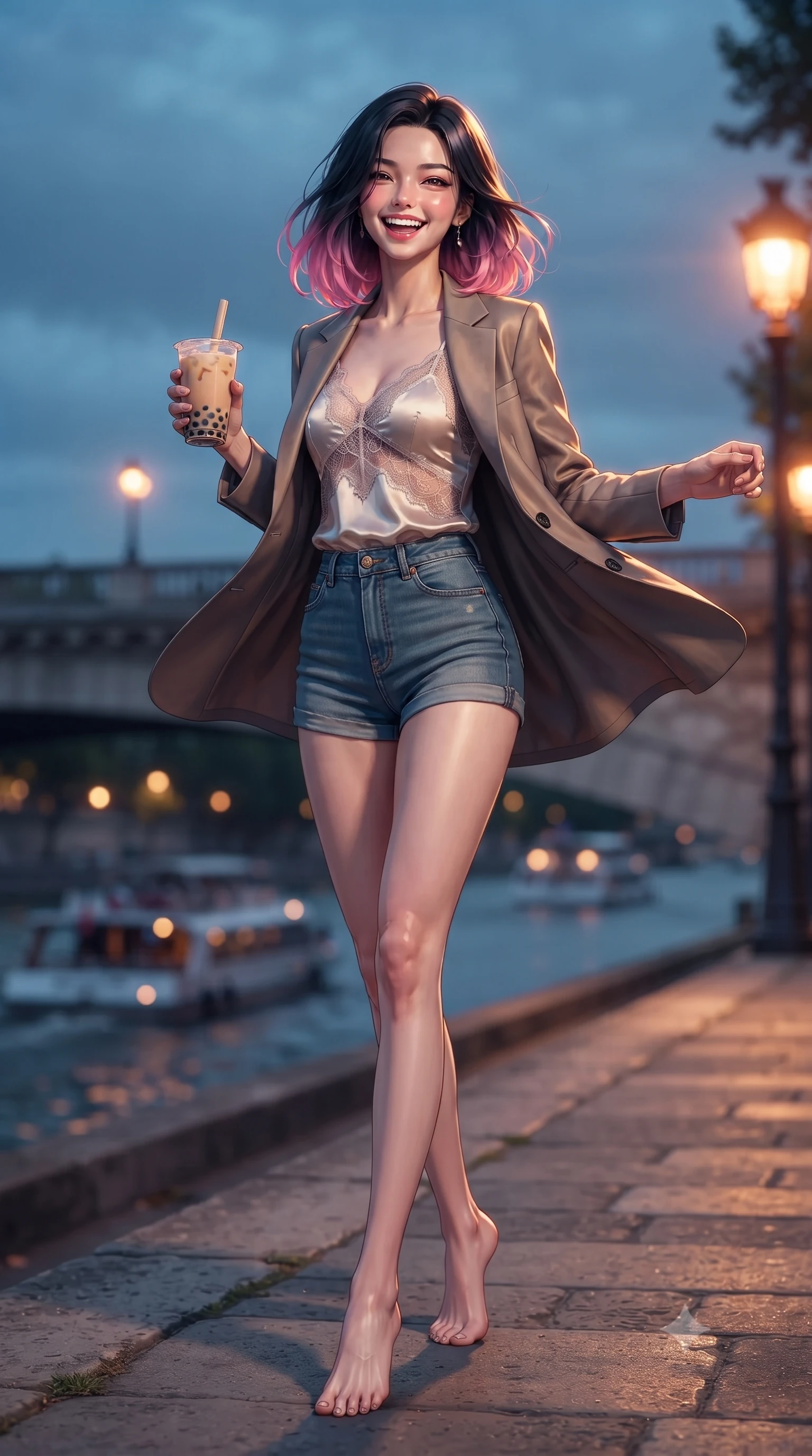 score_9, masterpiece, best quality, ultra-detailed, high-budget anime keyframe, editorial fashion photography, tasteful artistic composition, Korean woman. low angle full-body shot from head to toe showing her feet, filling the entire 9:16 vertical frame with her statuesque presence, stretching her vertical silhouette. twirling around with a playful, cute laugh, her skirt billowing beautifully in the air set against a soft-focus background of on a concrete river embankment overlooking passing leisure boats holding a glass of iced bubble tea with a cheerful expression. She has an absolutely perfect, statuesque 8.5-heads proportion, an exceptionally tall and slender model-like female figure with impossibly long slender legs and an ultra-slim waist. sharp v-shaped jawline, high-bridge nose, intricate jewel-like eyes with depth, thick eyelashes, glossy lips with a natural sheen. wearing form-contouring delicate silk camisole with lace panels and a tailored blazer worn open over form-contouring shorts. cool twilight sky glow contrasting with the warm orange light of streetlamps. ultra-reflective glossy finish, specular highlights, metallic sheen, high-contrast stereoscopic depth, volumetric dynamic lighting, 2k, ultra detail, master piece, 9:16 ratio