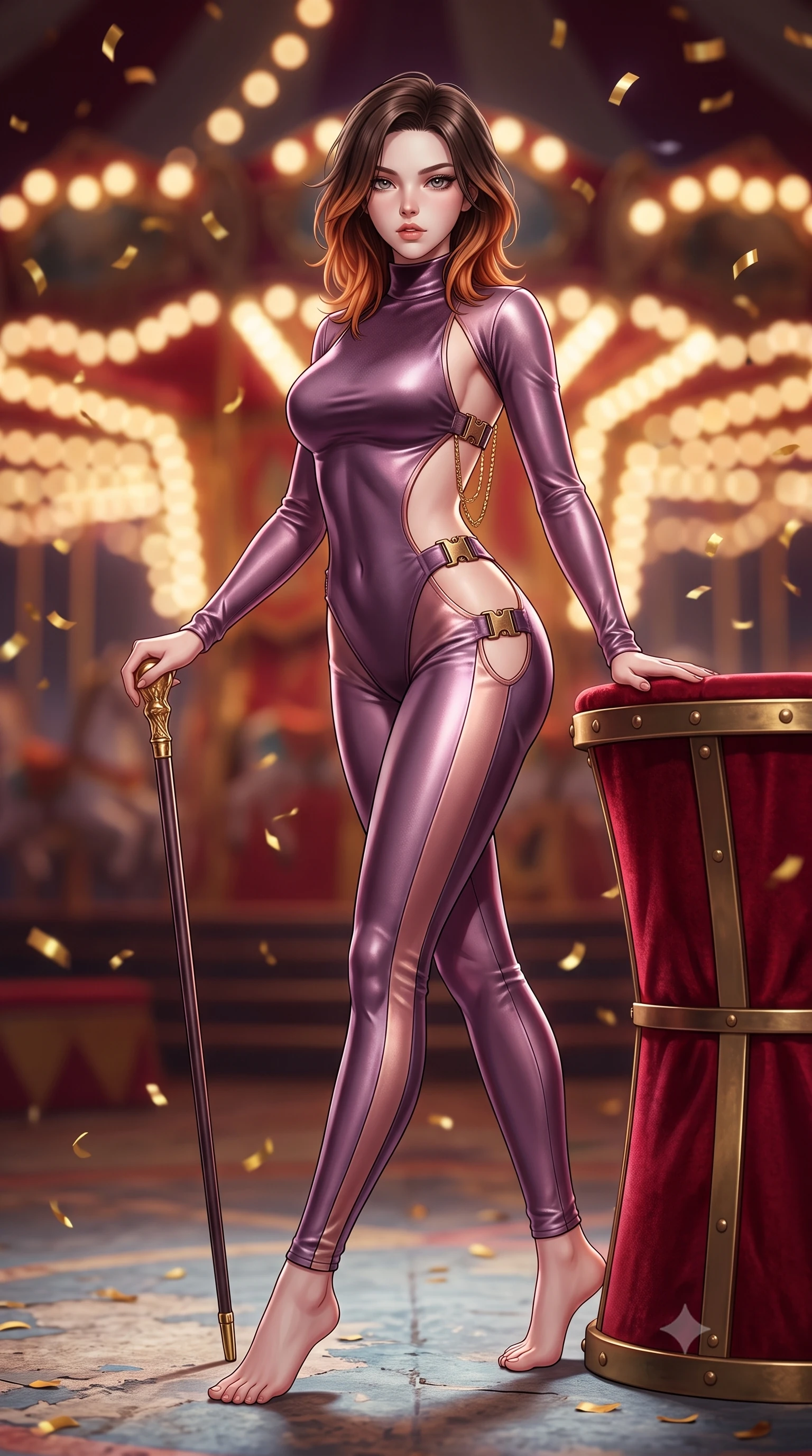 score_9, masterpiece, best quality, ultra-detailed, high-budget anime keyframe, semi-realistic 3D game render, editorial fashion photography, tasteful artistic composition, Korean woman. low angle full-body shot from head to toe showing her feet, filling the entire 9:16 vertical frame with her statuesque presence, stretching her vertical silhouette. striding forward in a proud supermodel runway stride, hips swaying in an alluring kinetic rhythm that accentuates her curvy hourglass silhouette while leaning against a crimson circus ringmaster podium with hips cocked back, holding a gold-tipped cane while locking smoldering eyes with the lens. The composition keeps background elements in soft focus with creamy bokeh. swirling gold confetti and carousel bulb light strings blurred into rich amber, ruby-red, and champagne bokeh. She has an absolutely perfect, statuesque 8.5-heads proportion, an exceptionally tall and slender model-like female figure with impossibly long slender legs, a toned flat midriff, an ultra-slim waist, and beautifully sculpted feminine hips. sharp v-shaped jawline, high-bridge nose, intricate jewel-like eyes with depth, thick eyelashes, glossy parted lips with a natural sheen, intensely captivating and seductive bedroom-eyes expression, flawlessly proportioned anatomical accuracy, strict slender model proportions, natural body alignment, perfectly sculpted long slender limbs, ultra-slim waistline, clean dynamic posture without body distortion. wearing a high-collar velvet speedsuit featuring bold side cutouts and quick-release brass buckles in dusky plum violet and antique rose gold, tailored from ultra-smooth duchess satin with a pearlescent sheen, accented with a glittering gold back chain tracing her bare spine down to her hip line, the second-skin form-contouring cut accentuating her sculpted flat midriff, narrow waistline, and dramatically curvy hips without adding bulk. surrounded by an eccentric, spellbinding, and dangerously seductive circus queen aura. highly saturated vibrant anime colors, detailed shading with soft gradients, rich glossy textures, high-contrast stereoscopic depth, volumetric dynamic lighting, master piece, 9:16 ratio