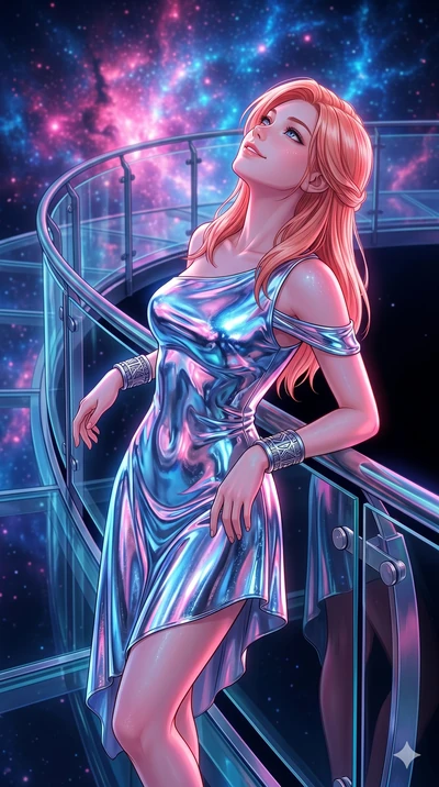 score_9, masterpiece, best quality, ultra-detailed, high-budget anime keyframe, Japanese woman. Upper body close-up from the thighs up, character filling the screen for maximum presence. Standing on a glass catwalk, looking at a digital nebula, leani