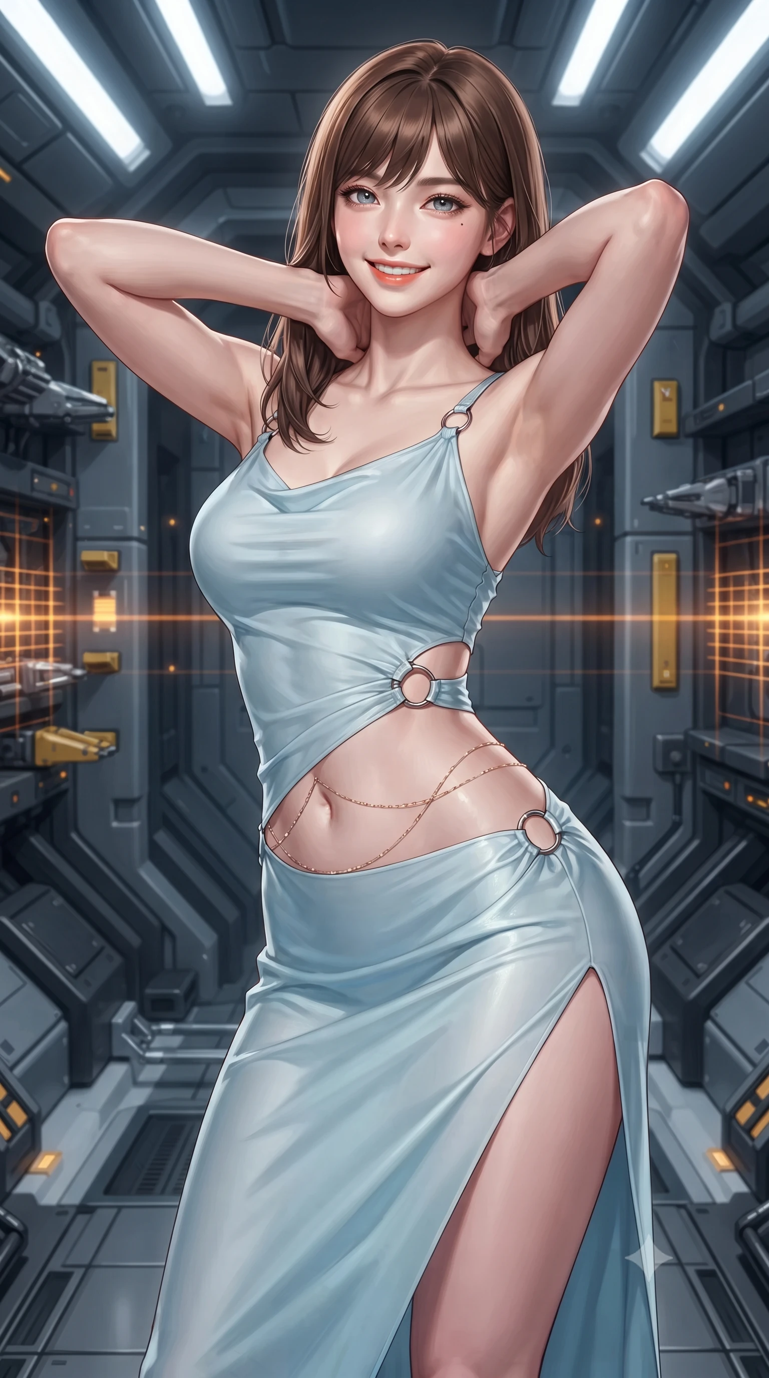 score_9, masterpiece, best quality, ultra-detailed, high-budget anime keyframe, editorial fashion photography, tasteful artistic composition, Korean woman. close-up cowboy shot from the waist and thighs up, the character dominates the composition, filling the frame with her large presence. resting both hands lightly behind her neck with elbows raised, arching her spine to highlight her narrow waist, flat midriff, and breathtaking collarbones while leaning against the robotic loader pylon with hips cocked back, watching amber laser targeting beams scan floating munitions with intoxicating bedroom-eyes. The surrounding environment is rendered in vivid detail and crisp panoramic clarity: sharp tungsten-carbide sabot penetrator tips, yellow magnetic lock indicators, and heavy carbon-fiber rack bulkheads in deep focus. She has an exceptionally elegant, slender, and willowy female figure with an ultra-slim waist, flat toned midriff, narrow ribcage, and sculpted feminine hips creating an alluring, slim hourglass silhouette without bulk. sharp v-shaped jawline, high-bridge nose, intricate jewel-like sparkling eyes with depth, thick eyelashes, glossy parted lips with a natural peach sheen, bright cheerful beaming smile with an enchanting and coquettish sensual glint, exuding both youthful cute charm and seductive allure, flawlessly proportioned anatomical accuracy, strict slender model proportions, natural body alignment, perfectly sculpted long slender limbs, ultra-slim waistline, clean dynamic posture without body distortion. wearing a form-contouring gossamer silk chiffon combat slip dress with a hip-high slit and open cowl back clinging with dewy moisture in arctic cryo-glacier ice blue and platinum white, adorned with delicate chrome ring hardware and cutouts along her slender waist, accented with a dainty gold belly chain resting across her flat midriff and curving hips, the impeccably tailored cut draping gracefully along her slender figure with aristocratic poise. bathed in crisp white 5000K inspection spotlights combined with glowing amber laser alignment grids. ultra-reflective glossy finish, specular highlights, rich textural contrasts, high-contrast stereoscopic depth, volumetric dynamic lighting, 2k, ultra detail, master piece, 9:16 ratio