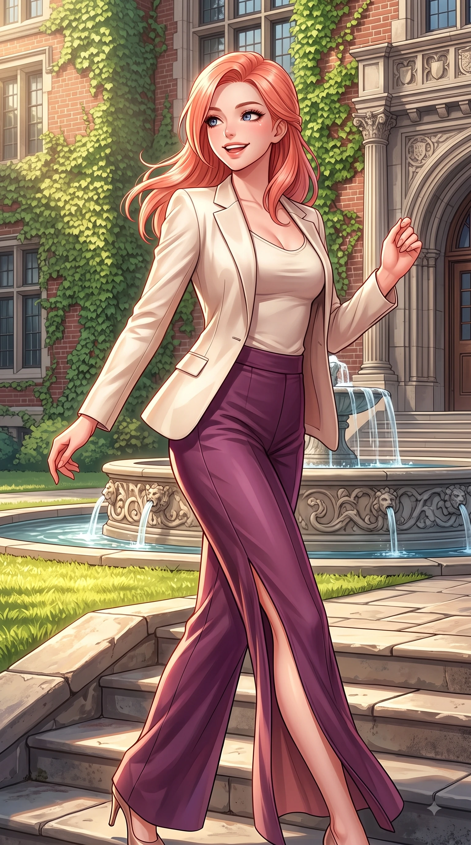 score_9, masterpiece, best quality, ultra-detailed, high-budget anime keyframe, editorial fashion photography, tasteful artistic composition, Japanese woman. close-up cowboy shot from the waist and thighs up, the character dominates the composition, filling the frame with her large presence. Radiant youthful grin reflecting girlhood charm while casting a playful, joyful side-gaze with heavy lashes while pivoting dynamically on the stone steps of a red-brick ivy-draped hall with youthful grace. The surrounding environment is rendered in vivid detail and crisp panoramic clarity. intricate fountain carvings, sunlit lawn textures, and historical facade details rendered in high resolution. She has an exceptionally elegant, slender, and willowy female figure with an ultra-slim waist, a gracefully sculpted slender torso, and a refined silhouette. sharp v-shaped jawline, high-bridge nose, intricate jewel-like eyes with depth, thick eyelashes, glossy lips with a natural sheen, flawlessly proportioned anatomical accuracy, natural body alignment, perfectly sculpted elegant limbs, clean dynamic posture without body distortion. wearing a tailored cream silk blazer over a fitted scoop-neck camisole and slacks in rich plum purple and rose gold, crafted from lightweight fluid chiffon, featuring a sleek side leg slit ascending to mid-thigh, the form-contouring material highlighting her ultra-slim waist and long lines. surrounded by an uplifting, fresh, and youthful academic ambiance. highly saturated vibrant anime colors, detailed shading with soft gradients, rich glossy textures, high-contrast stereoscopic depth, volumetric dynamic lighting, master piece, 9:16 ratio