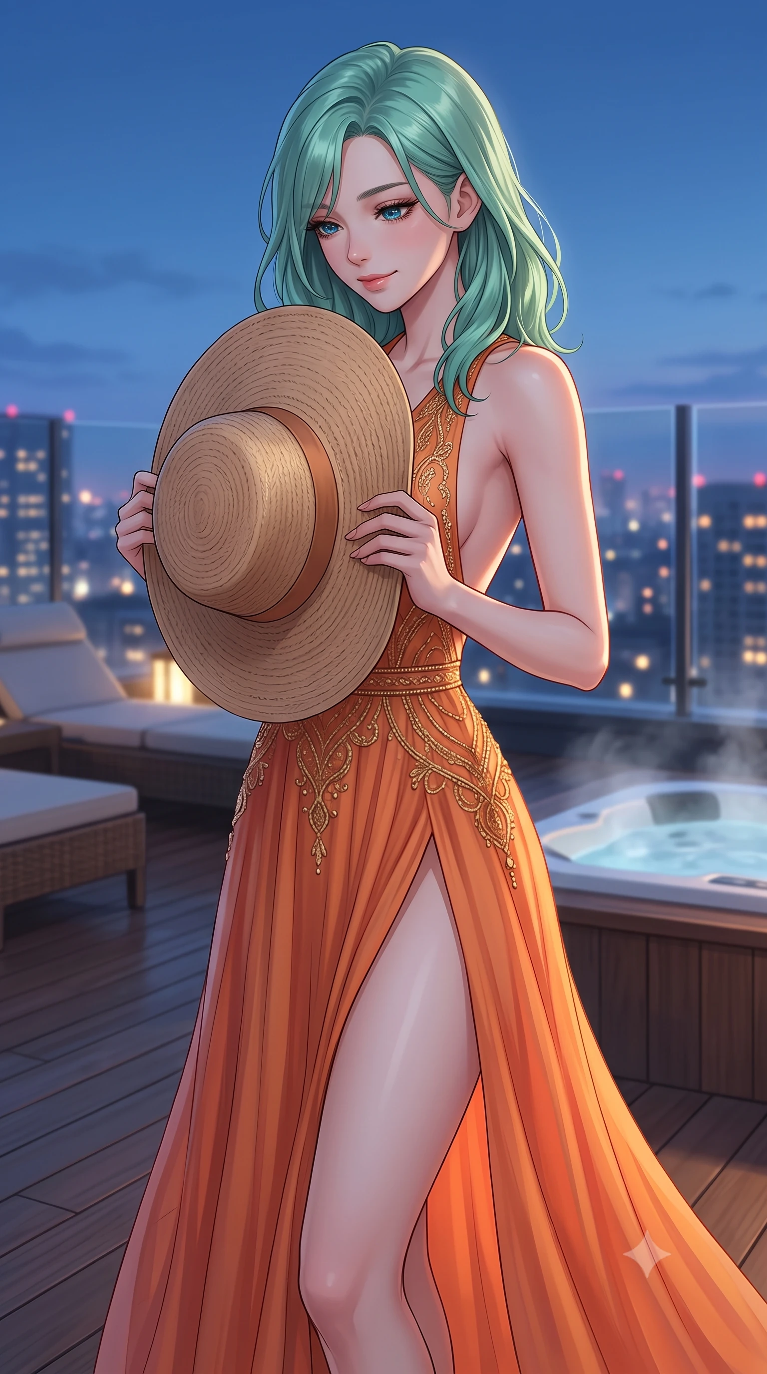 score_9, masterpiece, best quality, ultra-detailed, high-budget anime keyframe, editorial fashion photography, tasteful artistic composition, Japanese woman woman. close-up cowboy shot from the waist and thighs up, the character dominates the composition, filling the frame with her large presence, background elements kept in soft focus. holding a wide-brimmed straw hat with both hands against the breeze, looking down with a soft smile the background shows a soft-focus a wooden deck of a high-rise penthouse, with outdoor furniture and a private jacuzzi. She has an exceptionally elegant, slender, and willowy female figure with an ultra-slim waist, a gracefully sculpted slender torso, and a refined silhouette. sharp v-shaped jawline, high-bridge nose, intricate jewel-like eyes with depth, thick eyelashes, glossy lips with a natural sheen. wearing a slim-fit high-slit resort gown in sunset orange chiffon, featuring a daring thigh-slit and open back. glittering city lights starting to turn on in the blue twilight background. 2k, ultra detail, master piece, 9:16 ratio