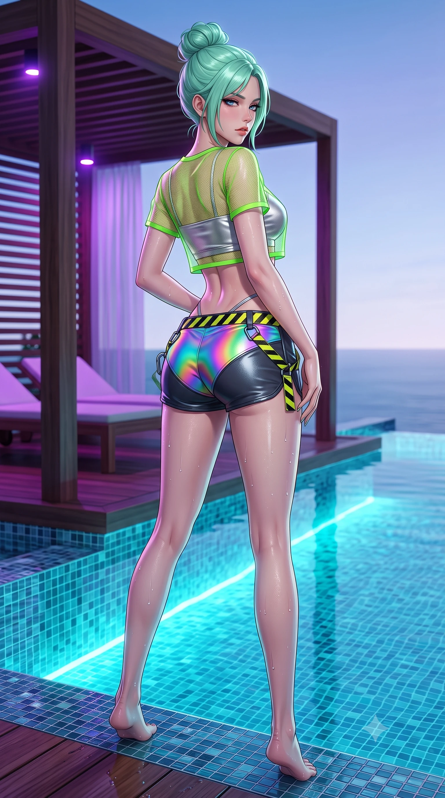 score_9, masterpiece, best quality, ultra-detailed, high-budget anime keyframe, semi-realistic 3D game render, editorial fashion photography, tasteful artistic composition, Japanese woman. low angle full-body shot from head to toe showing her feet, filling the entire 9:16 vertical frame with her statuesque presence, stretching her vertical silhouette. posing with back turned slightly to the lens, glancing back with smoldering allure as she arches her lower back to emphasize her sculpted feminine hips and slender waist while standing at the infinity pool edge with her back to the camera, twisting her torso to cast a smoldering, dangerous look over her shoulder. The surrounding environment is rendered in vivid detail and crisp panoramic clarity. sharp glass mosaic pool tiles, distinct water droplet beads on skin, and cabana teak wood in deep focus. She has an absolutely perfect, statuesque 8.5-heads proportion, an exceptionally tall and slender model-like female figure with impossibly long slender legs, a toned flat midriff, an ultra-slim waist, and beautifully sculpted feminine hips. sharp v-shaped jawline, high-bridge nose, intricate jewel-like eyes with depth, thick eyelashes, glossy parted lips with a natural sheen, intensely captivating and seductive bedroom-eyes expression, flawlessly proportioned anatomical accuracy, strict slender model proportions, natural body alignment, perfectly sculpted long slender limbs, ultra-slim waistline, clean dynamic posture without body distortion. wearing a sheer neon mesh crop top layered over a metallic silver tube top and low-slung swim shorts in iridescent rainbow prism and deep charcoal, tailored from supple second-skin lambskin leather with specular wet sheen, finished with high-visibility hazard warning tape details and carabiner clips, the form-contouring material adhering flawlessly to her sculpted flat midriff and slender torso, emphasizing her long leg lines and perfectly proportioned willowy build. bathed in glowing underwater cyan LED illumination and ambient violet neon cabana downlights. highly saturated vibrant anime colors, detailed shading with soft gradients, rich glossy textures, high-contrast stereoscopic depth, volumetric dynamic lighting, master piece, 9:16 ratio