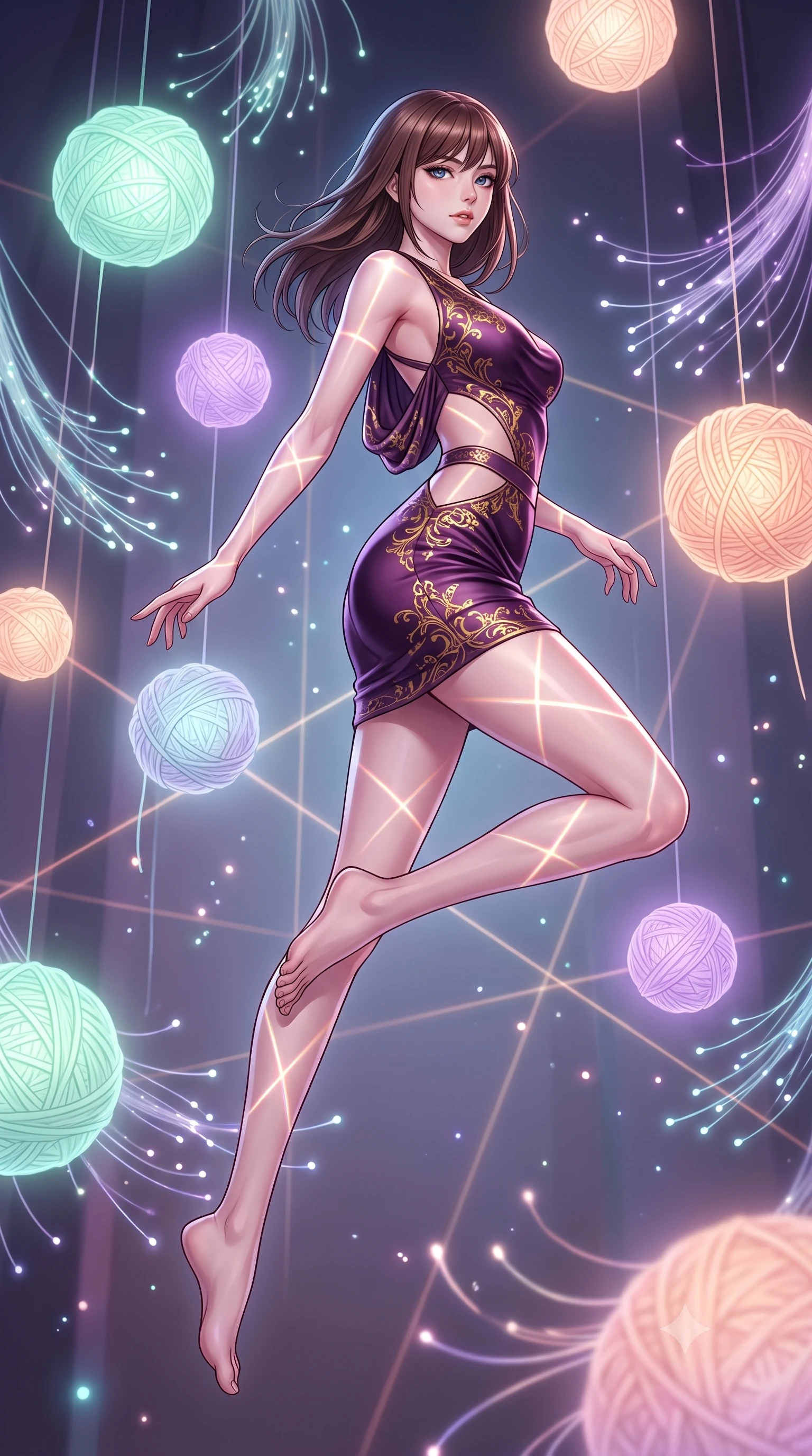 score_9, masterpiece, best quality, ultra-detailed, high-budget anime keyframe, editorial fashion photography, tasteful artistic composition, Korean woman. low angle full-body shot from head to toe showing her feet, filling the entire 9:16 vertical frame with her statuesque presence, stretching her vertical silhouette. leaping gracefully through the environment with statuesque elegance and long slender legs resting amidst suspended illuminated yarn spheres glowing with pastel tones, glowing fiber optic motes drifting like fireflies in the background. She has an absolutely perfect, statuesque 8.5-heads proportion, an exceptionally tall and slender model-like female figure with impossibly long slender legs and an ultra-slim waist. sharp v-shaped jawline, high-bridge nose, intricate jewel-like eyes with depth, thick eyelashes, glossy lips with a natural sheen. wearing a precision-fitted liquid jersey bodycon dress with a draped back in plum purple and gold filigree, crafted from lustrous satin jersey with fluid draping, featuring subtle geometric cutouts that highlight her ultra-slim midriff, the sleek second-skin texture accentuating her magnetic presence. bathed in sharp geometric laser grid highlights and soft ambient fill. highly saturated vibrant anime colors, detailed shading with soft gradients, rich glossy textures, high-contrast stereoscopic depth, volumetric dynamic lighting, master piece, 9:16 ratio