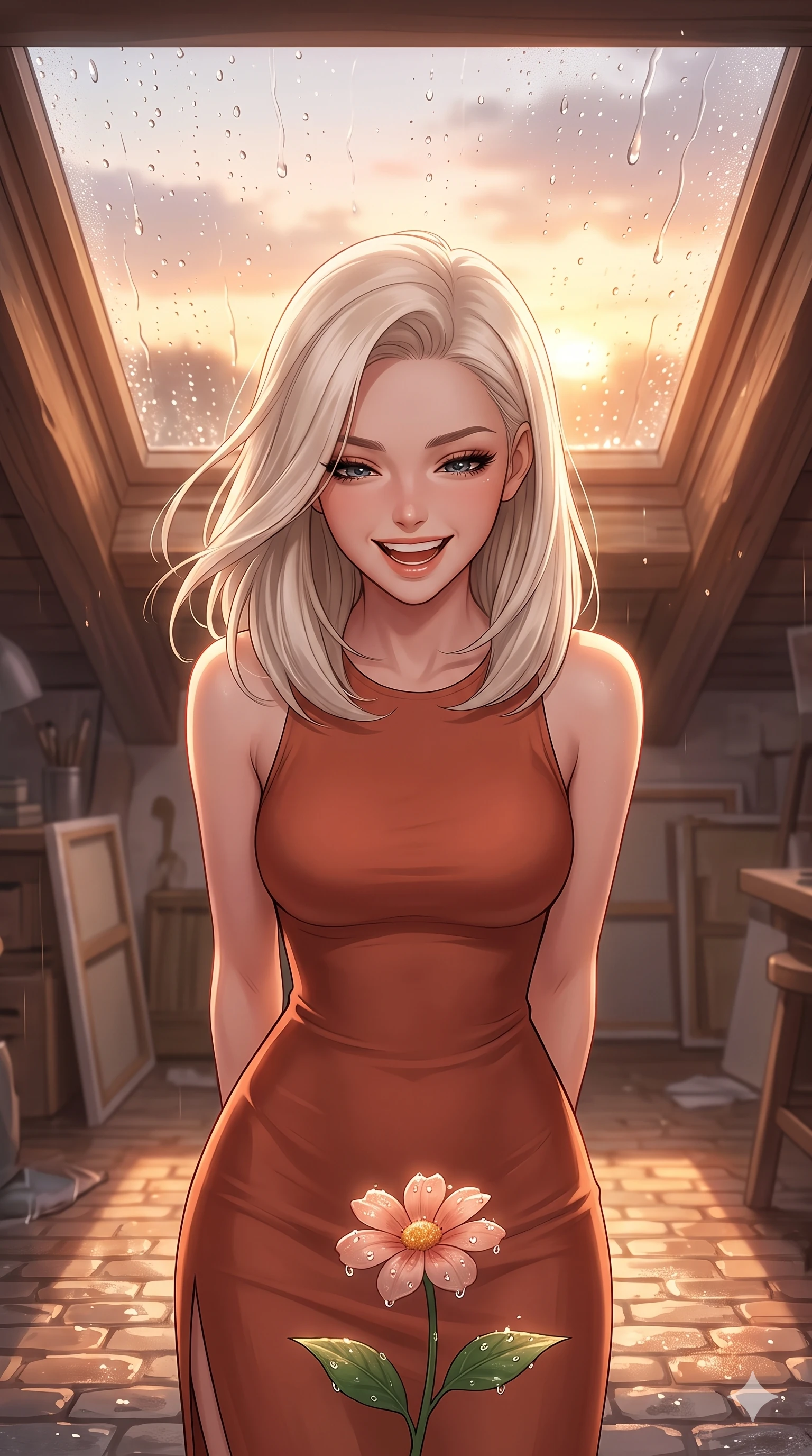 score_9, masterpiece, best quality, ultra-detailed, high-budget anime keyframe, vibrant anime aesthetic, Caucasian woman, strictly human ears. close-up cowboy shot from the waist and thighs up, the character dominates the composition, filling the frame with her large presence, background elements kept in soft focus. She is laughing happily while looking down at a blooming rain-drenched flower, her eyes glowing with lively energy with a soft breath of wind in her hair. inside a cozy attic studio with a large skylight pane covered in sliding rain droplets, bathed in soft warm light (Code-P22-074). She has an absolutely perfect proportion, an exceptionally elegant and slender female figure with an ultra-slim waist. V-shaped jawline, high-bridge nose, intricate jewel-like eyes with depth, thick eyelashes, glossy lips with a natural sheen. wearing a sleek bodycon dress featuring refined side vent accents in warm terracotta. She is bathed in glowing sunset light reflecting off wet cobblestones, creating a warm, inviting, and atmospheric glow along the cobblestone alley. 2k, ultra detail, master piece, 9:16 ratio