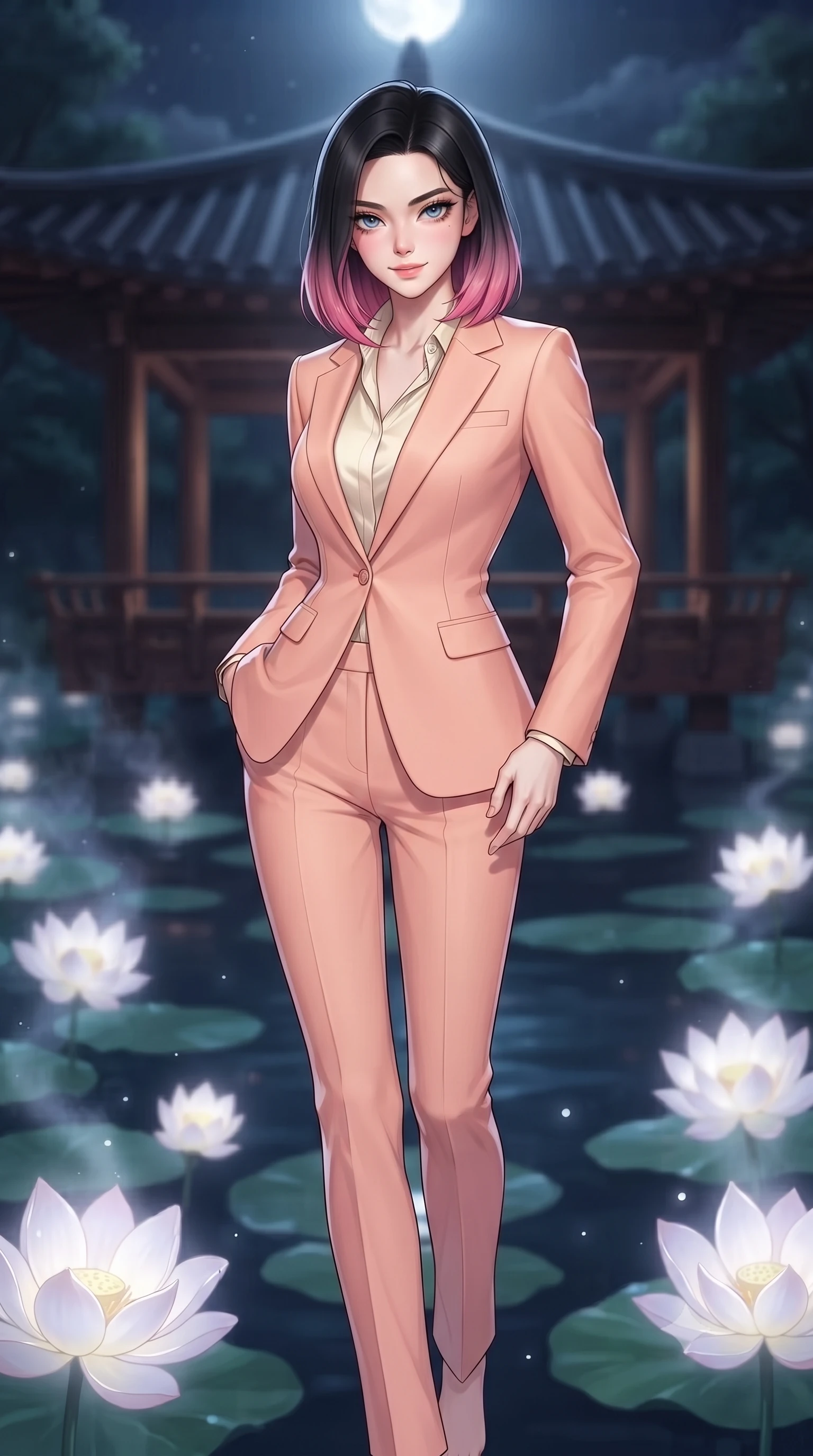 score_9, masterpiece, best quality, ultra-detailed, high-budget anime keyframe, gorgeous anime illustration, with clean line-art, distinct ink outlines, and high-contrast stereoscopic depth, Korean woman. close-up cowboy shot from the waist and thighs up, the character dominates the composition, filling the frame with her large presence, background elements kept in soft focus. Looking directly at the camera with a bold fearless expression and parted lips. set against a soft-focus background of on a wooden pavilion built over a dark lagoon filled with giant moon-lotus flowers that open only under the full moon, white petals glowing and releasing silver mist. She has an exceptionally elegant and slender, willowy female figure with an ultra-slim waist, a gracefully sculpted slender torso, and a refined slim physique. sharp v-shaped jawline, high-bridge nose, intricate jewel-like eyes with depth, thick eyelashes, glossy lips with a natural sheen. wearing a tailored pastel peach pantsuit with a single button, worn over a cream silk blouse. pure silver moonlight from above casting soft shadows, with a soft white inner glow from the lotus blossoms. 2k, ultra detail, master piece, 9:16 ratio, highly saturated vibrant anime colors, detailed cel-shading with soft gradients, rich glossy textures, deep contrast, volumetric dynamic lighting, 2d animation style