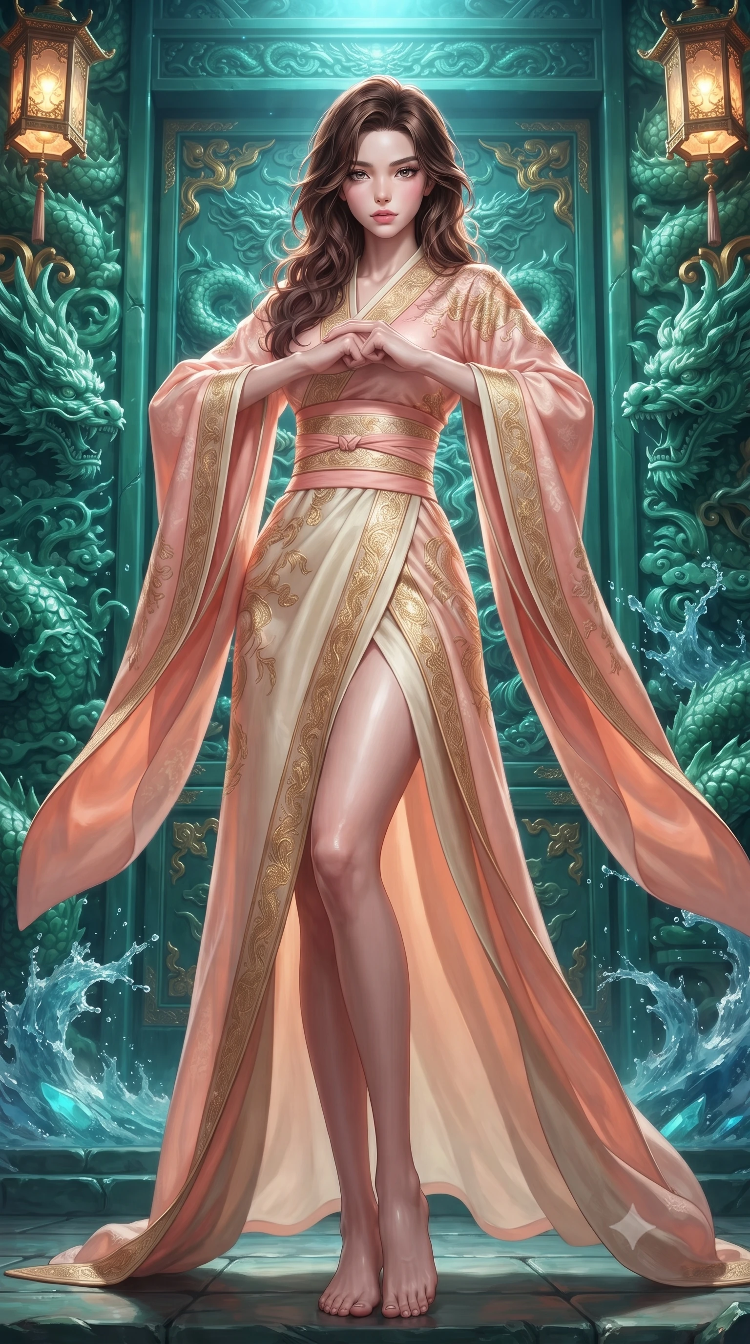 score_9, masterpiece, best quality, ultra-detailed, high-budget anime keyframe, editorial fashion photography, tasteful artistic composition, Korean woman. low angle full-body shot from head to toe showing her feet, filling the entire 9:16 vertical frame with her statuesque presence, stretching her vertical silhouette. standing poised with one hip cocked in an alluring high-fashion pose, her tall 8.5-heads proportions dominating the scene while arching her spine in a fluid martial arts greeting stance before the colossal biomechanical jade palace gates. The surrounding environment is rendered in vivid detail and crisp panoramic clarity. sharp carved jade dragon scale textures, crystalline water splash crests, and gold palace inlay in deep focus. She has an absolutely perfect, statuesque 8.5-heads proportion, an exceptionally tall and slender model-like female figure with impossibly long slender legs, a toned flat midriff, and an ultra-slim waist. sharp v-shaped jawline, high-bridge nose, intricate jewel-like eyes with depth, thick eyelashes, glossy lips with a natural sheen, captivating and magnetic expression, flawlessly proportioned anatomical accuracy, strict slender model proportions, natural body alignment, perfectly sculpted long slender limbs, ultra-slim waistline, clean dynamic posture without body distortion. wearing a traditional-modern silk fusion wrap dress with asymmetric trailing sleeves and waist-cinching obi in soft peach blossom pink and warm ivory, woven from lightweight fluid silk brocade with woven gold thread, finished with a wide embroidered waist band emphasizing her slender midriff, the breezy yet form-flattering drape swaying gracefully with her steps, accentuating her long willowy limbs and slim waistline. bathed in luminous cyan dragon spring uplights and warm imperial gold lantern downlights. ultra-reflective glossy finish, specular highlights, rich textural contrasts, high-contrast stereoscopic depth, volumetric dynamic lighting, 2k, ultra detail, master piece, 9:16 ratio