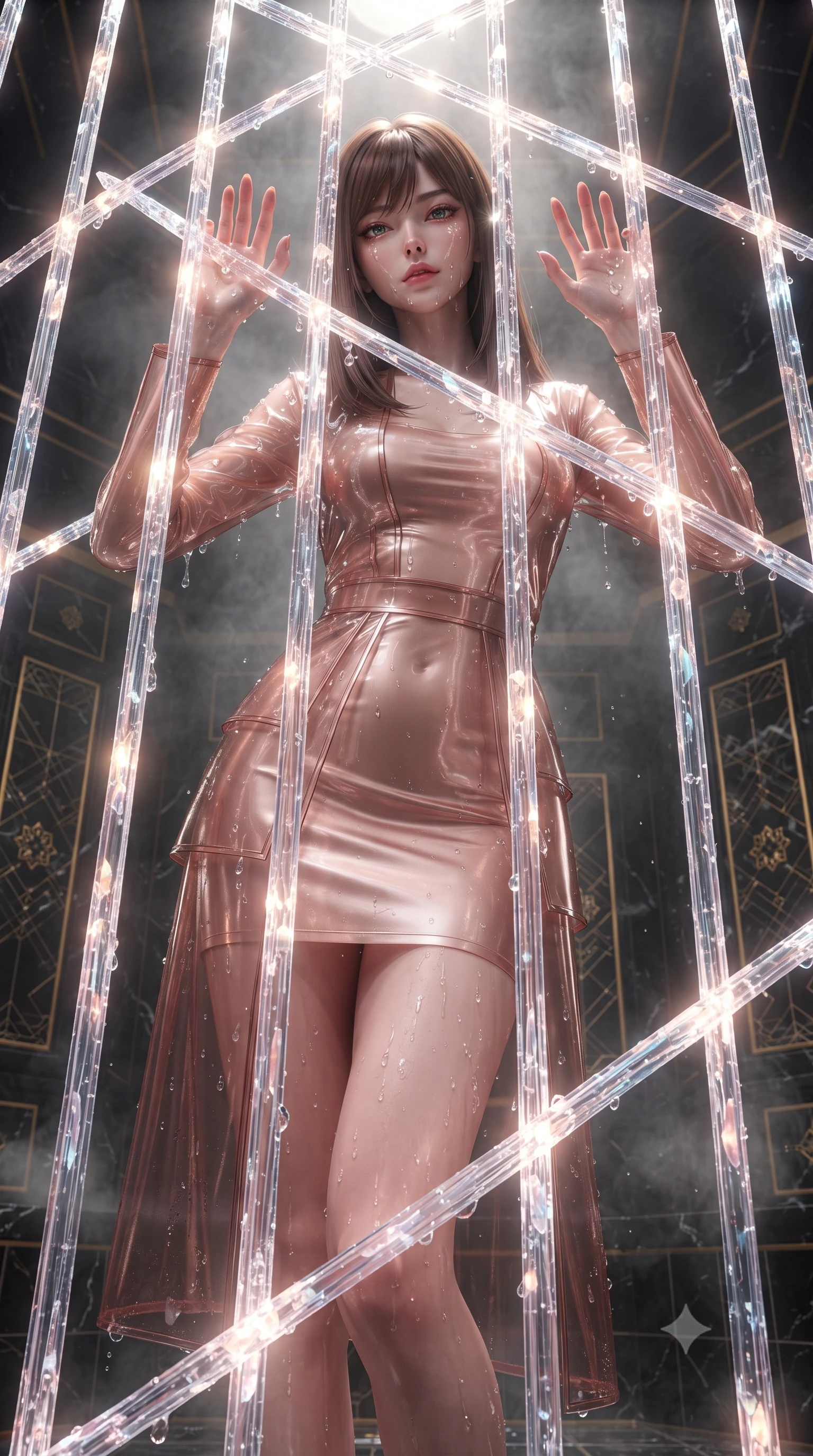 score_9, masterpiece, best quality, ultra-detailed, High-budget Anime Keyframe, editorial fashion photography, tasteful artistic composition, realistic cosplay photography, East Asian woman. Low angle cowboy shot filling the entire 9:16 frame with her statuesque presence. Scenario 536: trapped in a cage of glowing crystalline fibers, her body pressing against the bars, in a steam-filled bathhouse built of black obsidian stone and gold accents. Her presence is magnetic and overpowering in this high-budget cinematic scene. Outfit 536: a slim-fit rose-gold translucent PVC gown featuring layered translucent panels over a sleek slip dress. The clothing is designed to emphasize her exceptionally tall and slender 8-heads proportion. 8-heads proportion, towering silhouette, ultra-slim waist. sharp v-shaped jawline, intricate jewel-like eyes with depth, thick eyelashes, glossy lips. ultra-reflective glossy finish, specular highlights, metallic sheen, high-contrast stereoscopic depth, volumetric dynamic lighting, 2k, ultra detail, master piece, 9:16 ratio