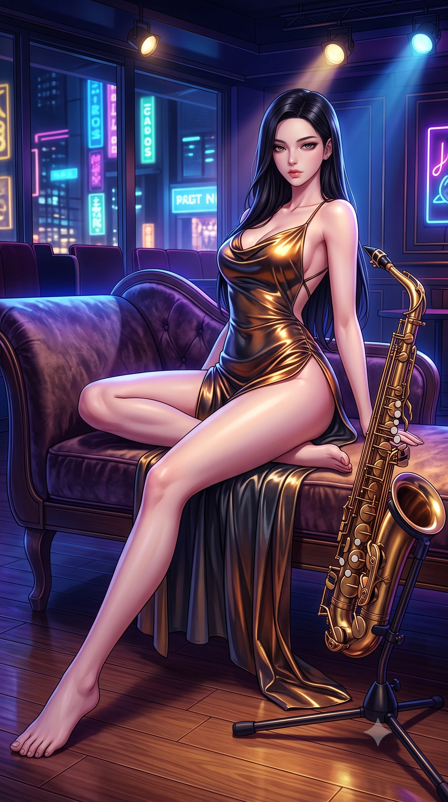 score_9, masterpiece, best quality, ultra-detailed, high-budget anime keyframe, semi-realistic 3D game render, editorial fashion photography, tasteful artistic composition, Korean woman. low angle full-body shot from head to toe showing her feet, filling the entire 9:16 vertical frame with her statuesque presence, stretching her vertical silhouette. reclining on her side in an elegant Cleopatra pose with one knee drawn up, the dramatic contour of her rounded hips and long slender legs commanding the 9:16 vertical frame while standing poised beside the brass saxophone stand, hips dramatically shifted in an alluring contrapposto stance as midnight city neon glints on her dress. The surrounding environment is rendered in vivid detail and crisp panoramic clarity. rich high-contrast neo-noir chiaroscuro and sophisticated jazz-club romance aesthetics in precision. She has an absolutely perfect, statuesque 8.5-heads proportion, an exceptionally tall and slender model-like female figure with impossibly long slender legs, a toned flat midriff, an ultra-slim waist, and beautifully sculpted feminine hips. sharp v-shaped jawline, high-bridge nose, intricate jewel-like eyes with depth, thick eyelashes, glossy parted lips with a natural sheen, intensely captivating and seductive bedroom-eyes expression, flawlessly proportioned anatomical accuracy, strict slender model proportions, natural body alignment, perfectly sculpted long slender limbs, ultra-slim waistline, clean dynamic posture without body distortion. wearing a backless cowl-neck satin slip dress featuring high-cut side hip slits and delicate thin shoulder straps in rich whiskey amber and dark smoky charcoal, crafted from luxurious metallic lamé that shifts radiance with every step, finished with criss-cross back satin straps highlighting her graceful shoulder blades, the second-skin form-contouring cut accentuating her sculpted flat midriff, narrow waistline, and dramatically curvy hips without adding bulk. surrounded by a sultry, soulful, and deeply intoxicating midnight jazz muse aura. highly saturated vibrant anime colors, detailed shading with soft gradients, rich glossy textures, high-contrast stereoscopic depth, volumetric dynamic lighting, master piece, 9:16 ratio
