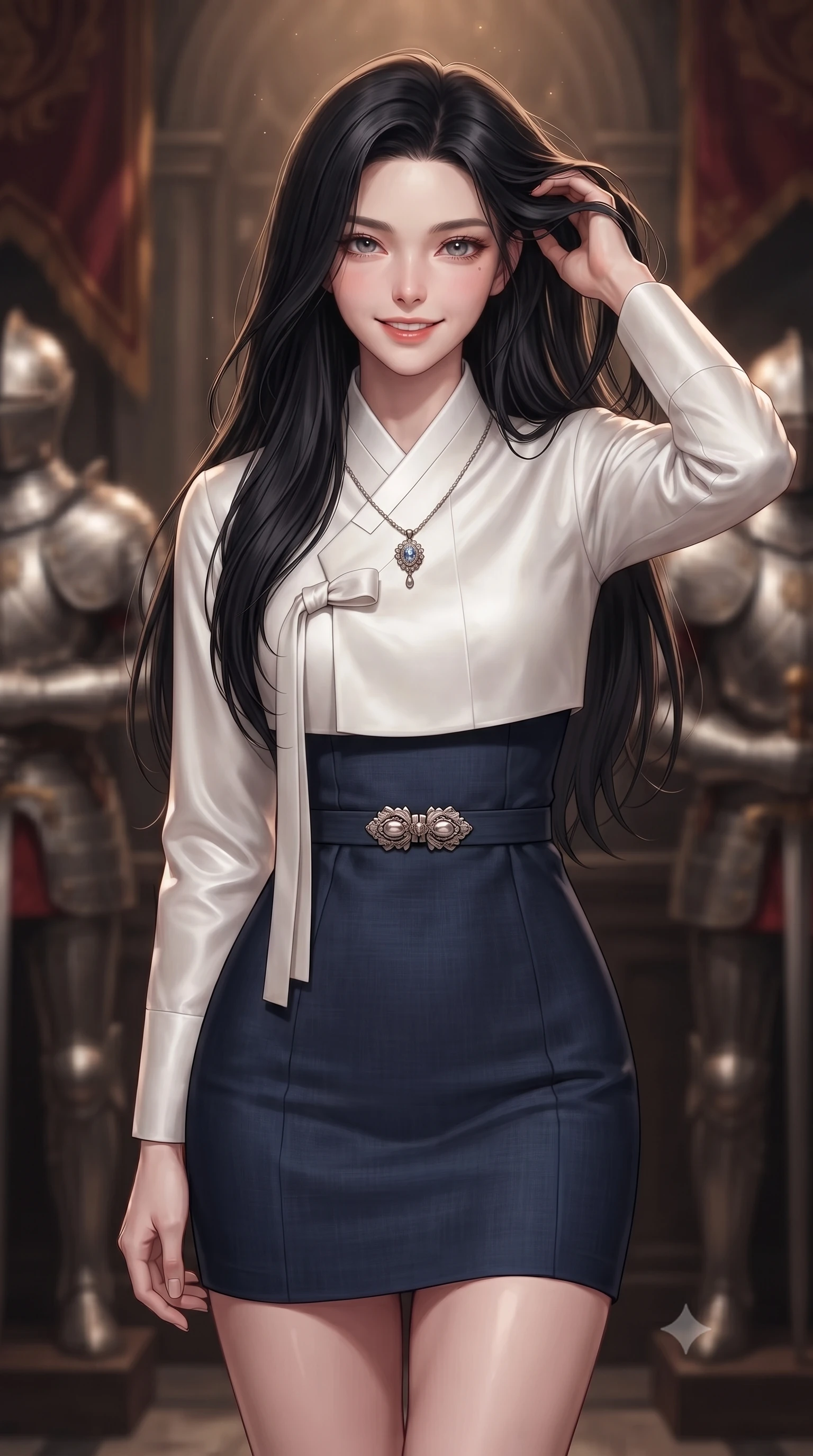 score_9, masterpiece, best quality, ultra-detailed, high-budget anime keyframe, editorial fashion photography, tasteful artistic composition, Korean woman. close-up cowboy shot from the waist and thighs up, the character dominates the composition, filling the frame with her large presence, background elements kept in soft focus. smiling with quiet, magnetic self-assurance directly into the camera, running a hand through her hair the background shows a soft-focus a gothic armory hall with engraved knight armors and velvet banners. She has an exceptionally elegant, slender, and willowy female figure with an ultra-slim waist, a gracefully sculpted slender torso, and a refined silhouette. sharp v-shaped jawline, high-bridge nose, intricate jewel-like eyes with depth, thick eyelashes, glossy lips with a natural sheen. wearing a body-hugging modern fusion hanbok dress with a navy blue linen skirt and a high-neck white silk jeogori wrapper. focused warm spotlights highlighting polished metallic armors and her outfit. ultra-reflective glossy finish, specular highlights, metallic sheen, high-contrast stereoscopic depth, volumetric dynamic lighting, 2k, ultra detail, master piece, 9:16 ratio