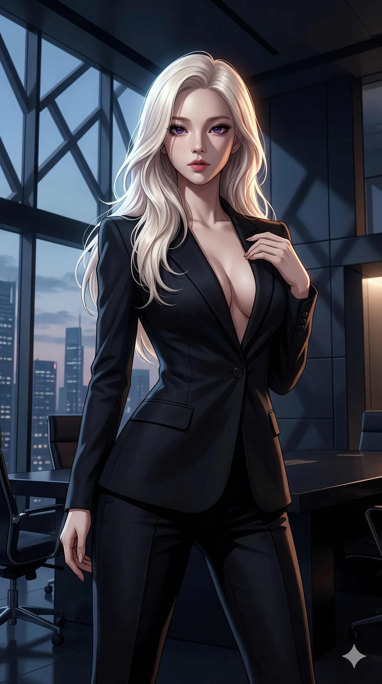 score_9, masterpiece, best quality, ultra-detailed, high-budget anime keyframe portrait, an incredibly beautiful Caucasian anime girl with pale skin anime girl. Dynamic low angle shot filling the frame. She has an absolutely perfect 8-heads proportion, an exceptionally tall female figure with long slender legs and a voluptuous body. Her face is a highly detailed masterpiece featuring a v-shaped jawline, high-bridge nose, intricate jewel-like eyes, thick eyelashes, and glossy lips. She has platinum blonde flowing hair. She is wearing a tight-fitting black tailored suit jacket with no shirt underneath, deep sensual cleavage, highlighting her alluring silhouette. Sleek corporate boardroom, cinematic window shadows, dramatic rim lighting, cinematic shadows, 2k, ultra detail, master piece, 9:16 ratio