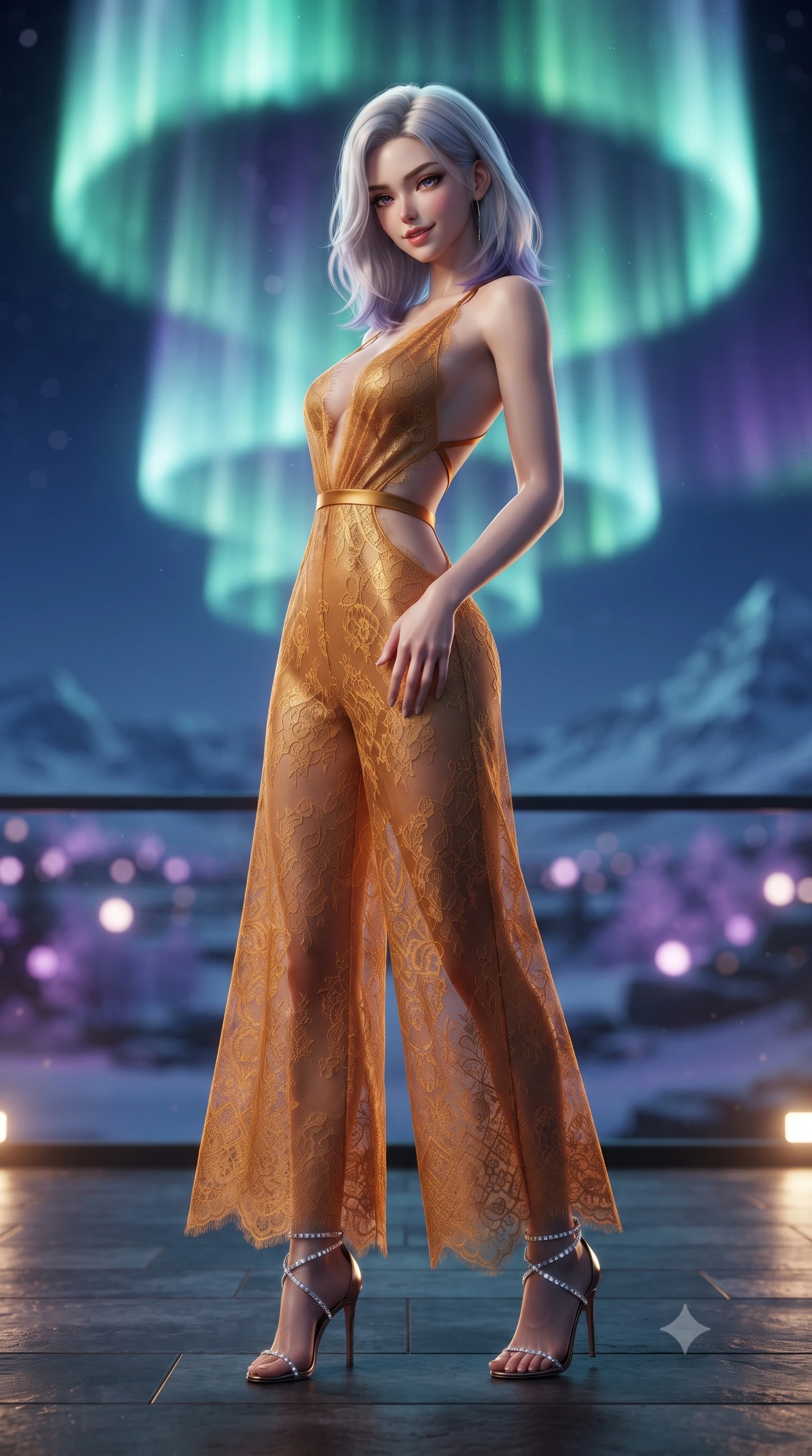 score_9, masterpiece, best quality, ultra-detailed, high-budget anime keyframe, editorial fashion photography, tasteful artistic composition, Caucasian woman. close-up cowboy shot from the waist and thighs up, the character dominates the composition, filling the frame with her large presence. tilting her head with a teasing half-smile, running one hand slowly down the side of her hip in a flirtatious S-curve as ambient light caresses her silhouette while standing tall on the heated dark slate cantilevered deck, arching her back with regal siren poise beneath monumental waving curtains of polar aurora. The background shows a soft-focus monumental multi-tiered aurora borealis corona shimmering across the polar sky, vast tundra snowfields, and distant icy peaks blurred into violet, lime, and obsidian bokeh. She has an exceptionally elegant, slender, and willowy female figure with an ultra-slim waist, flat toned midriff, narrow ribcage, and sculpted feminine hips creating an alluring, slim hourglass silhouette without bulk. sharp v-shaped jawline, high-bridge nose, sparkling eyes with hypnotic seductive depth, thick curled eyelashes, glossy parted lips with a natural dewy peach sheen, alluring bedroom-eyes with an enchanting coquettish smile, exuding magnetic siren charisma and sophisticated glamour, flawlessly proportioned anatomical accuracy, strict slender model proportions, natural body alignment, perfectly sculpted long slender limbs, ultra-slim waistline, clean dynamic posture without body distortion. wearing a backless plunge-front silk satin jumpsuit with fluid wide-leg silhouette and side hip cutouts in warm amber honey and antique gold leaf, made of delicate semi-sheer French Chantilly lace with intricate eyelash edges, complemented by strappy stiletto sandals with crystal ankle wraps accentuating her slender calves, the precision-cut side openings and low-back scoop framing her graceful spine and the sensual sweep of her slim, toned hips. illuminated by ground-level warm slate up-lights and sharp icy-emerald rim lights defining her delicate clavicles, narrow waist, and curvy hips. ultra-reflective glossy finish, specular highlights, rich textural contrasts, high-contrast stereoscopic depth, volumetric dynamic lighting, 2k, ultra detail, master piece, 9:16 ratio