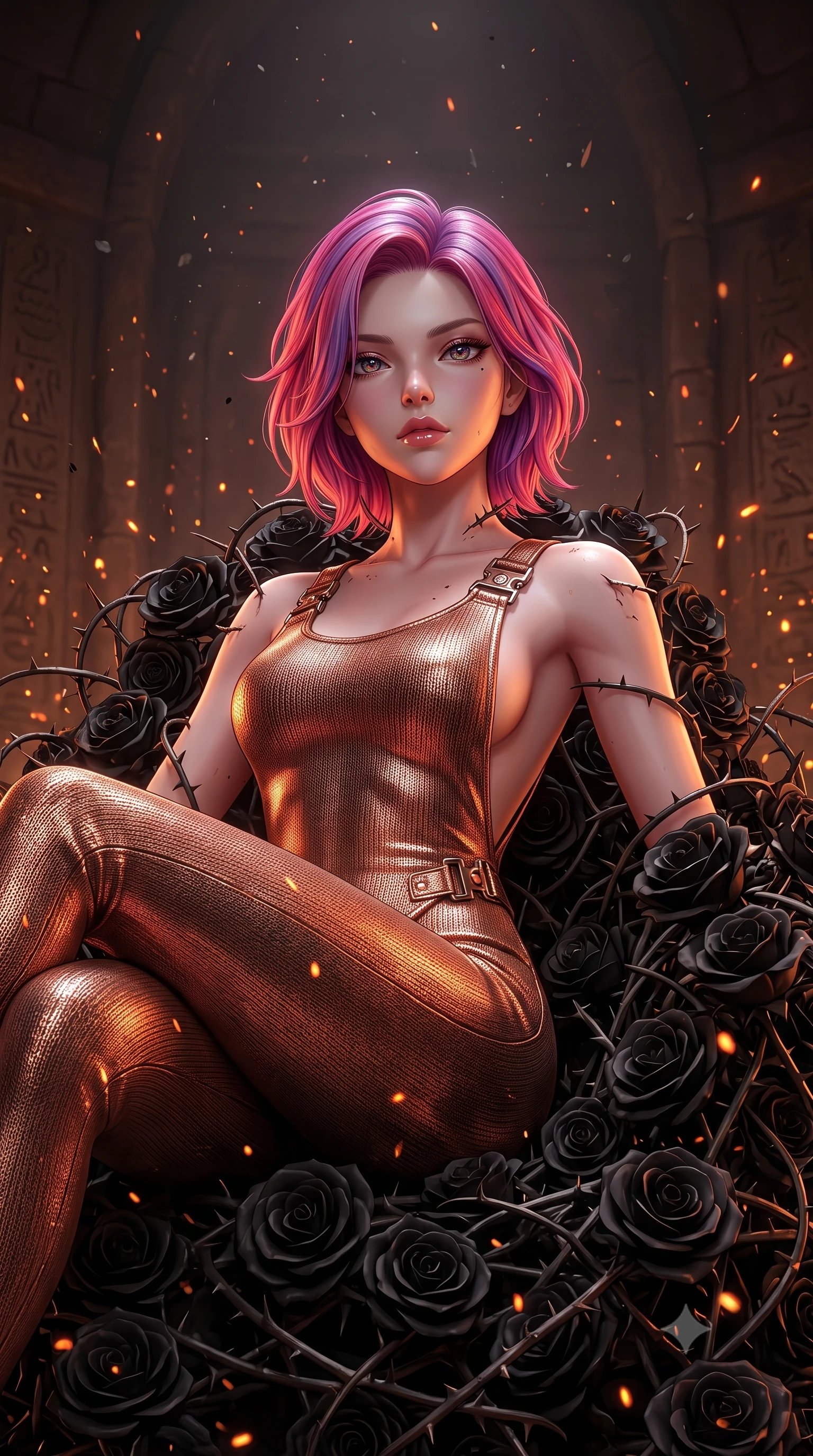 score_9, masterpiece, best quality, ultra-detailed, High-budget Anime Keyframe, Caucasian woman, strictly human ears. Low angle cowboy shot filling the entire 9:16 frame with her statuesque presence. Scenario 479: resting on a throne of black roses, thorns grazing her skin, in a quiet chamber filled with glowing embers and floating ash particles. Her presence is magnetic and overpowering in this high-budget anime scene. Outfit 479: a form-contouring metallic copper bodycon knit catsuit with a dramatic backless design and metallic buckles. The clothing is designed to emphasize her exceptionally tall and slender 8-heads proportion. 8-heads proportion, towering silhouette, ultra-slim waist. sharp v-shaped jawline, intricate jewel-like eyes with depth, thick eyelashes, glossy lips. 2k, ultra detail, master piece, 9:16 ratio
