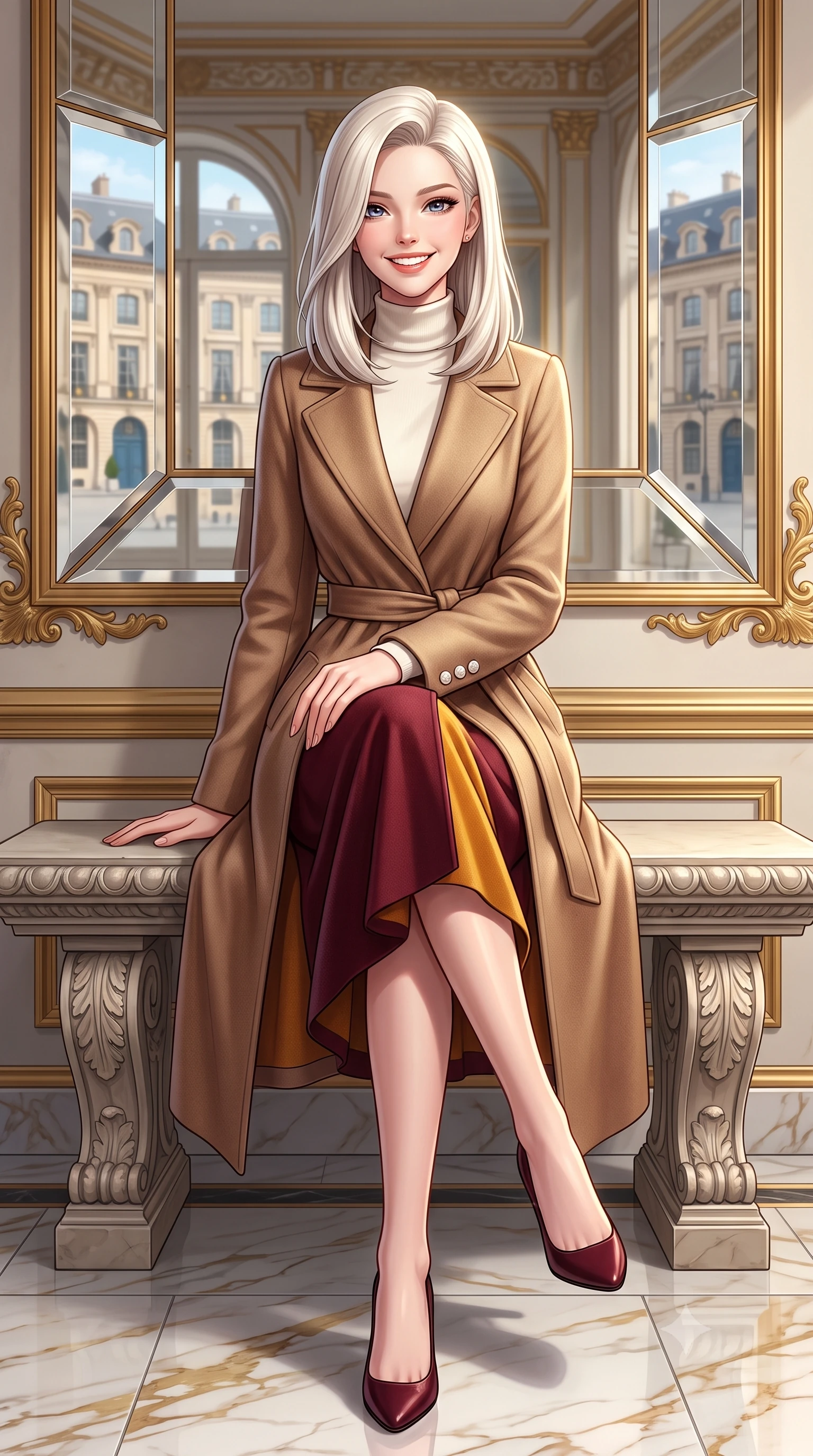 score_9, masterpiece, best quality, ultra-detailed, high-budget anime keyframe, semi-realistic 3D game render, editorial fashion photography, tasteful artistic composition, Caucasian woman. low angle full-body shot from head to toe showing her feet, filling the entire 9:16 vertical frame with her statuesque presence, stretching her vertical silhouette. sitting gracefully on the carved stone bench with legs crossed at the ankles, hands resting gently in her lap with noble poise while walking past monumental mirrors reflecting the historic octagonal Place Vendôme square, turning with magnetic high-fashion poise. The surrounding environment is rendered in vivid detail and crisp panoramic clarity: sharp beveled mirror frames, polished Calacatta gold marble floor veining, and gilded acanthus leaf moldings in deep focus. She has an exceptionally tall and slender model-like 8.5-heads proportion, an ultra-slim waist, a flat toned midriff, narrow delicate ribcage, and beautifully sculpted feminine hips creating a graceful, slim hourglass silhouette without any bulky heaviness, with impossibly long slender legs. sharp v-shaped jawline, high-bridge nose, intricate jewel-like sparkling eyes with depth, thick eyelashes, glossy parted lips with a natural peach sheen, bright cheerful beaming smile with an enchanting and coquettish sensual glint, exuding both youthful cute charm and seductive allure, flawlessly proportioned anatomical accuracy, strict slender model proportions, natural body alignment, perfectly sculpted long slender limbs, ultra-slim waistline, clean dynamic posture without body distortion. wearing a luxurious longline cashmere cardigan coat with a belted waist worn over an ivory turtleneck and wool midi skirt in rich Oxford burgundy and golden amber, made of luxurious brushed wool flannel with rich textural depth and clean structure, finished with fine mother-of-pearl cuff buttons catching the soft ambient light, the precision-cut high-waisted tailoring accentuating her ultra-slim waist and long slender leg line with immaculate aristocratic poise. illuminated by polished marble floor bounce and pristine champagne rim lights defining her razor-sharp jawline and elegant tailored silhouette. highly saturated vibrant anime colors, detailed shading with soft gradients, rich glossy textures, high-contrast stereoscopic depth, volumetric dynamic lighting, master piece, 9:16 ratio
