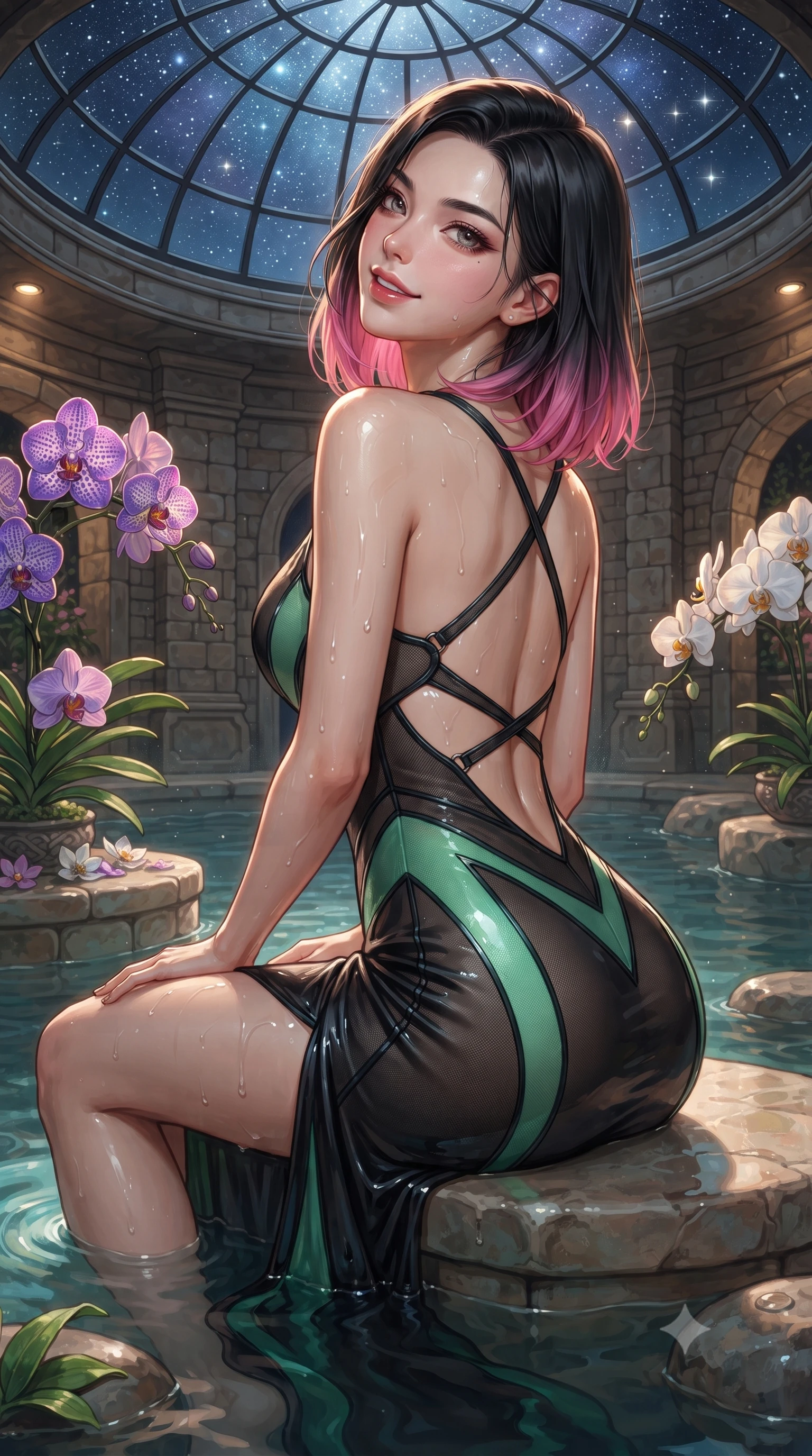 score_9, masterpiece, best quality, ultra-detailed, high-budget anime keyframe, editorial fashion photography, tasteful artistic composition, Korean woman. close-up cowboy shot from the waist and thighs up, the character dominates the composition, filling the frame with her large presence. turning over a bare shoulder with an intoxicating, teasing smile, her soft hair framing her sharp jawline as her hips angle gracefully while resting on a submerged stone bench as warm water laps at her waist, head tilted back toward the starry glass dome with parted lips. The surrounding environment is rendered in vivid detail and crisp panoramic clarity. detailed dew droplets on exotic orchids, wet skin water beads, and stone masonry in high clarity. She has an exceptionally elegant, slender, and willowy female figure with an ultra-slim waist, a gracefully sculpted slender torso, toned flat midriff, and rounded feminine hips creating an alluring hourglass silhouette. sharp v-shaped jawline, high-bridge nose, intricate jewel-like eyes with depth, thick eyelashes, glossy parted lips with a natural sheen, intensely captivating and seductive bedroom-eyes expression, flawlessly proportioned anatomical accuracy, strict slender model proportions, natural body alignment, perfectly sculpted long slender limbs, ultra-slim waistline, clean dynamic posture without body distortion. wearing a backless Grecian goddess draped dress with side-waist cutouts and a fluid floor-length slit in wet asphalt black and glowing jade green, made of sheer contouring power-mesh panels with anatomical curve lines, finished with criss-cross back straps highlighting her graceful bare spine, the glove-like aerodynamic silhouette tightly following the natural contour of her hips and long slender legs with statuesque precision. illuminated by wet specular highlights accentuating her slender neckline, sculpted waist, and rounded hips. ultra-reflective glossy finish, specular highlights, rich textural contrasts, high-contrast stereoscopic depth, volumetric dynamic lighting, 2k, ultra detail, master piece, 9:16 ratio