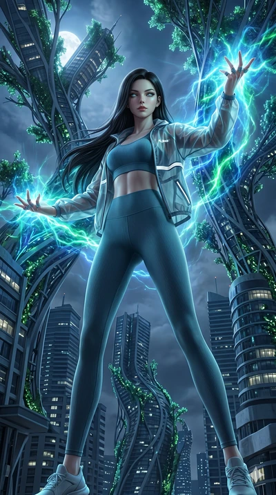 score_9, masterpiece, best quality, ultra-detailed, photorealistic 8k CG, hyper-detailed textures, ray-tracing, Caucasian (strictly human ears) woman. Low angle cowboy shot capturing a powerful motion and statuesque presence. casting a spell that mak
