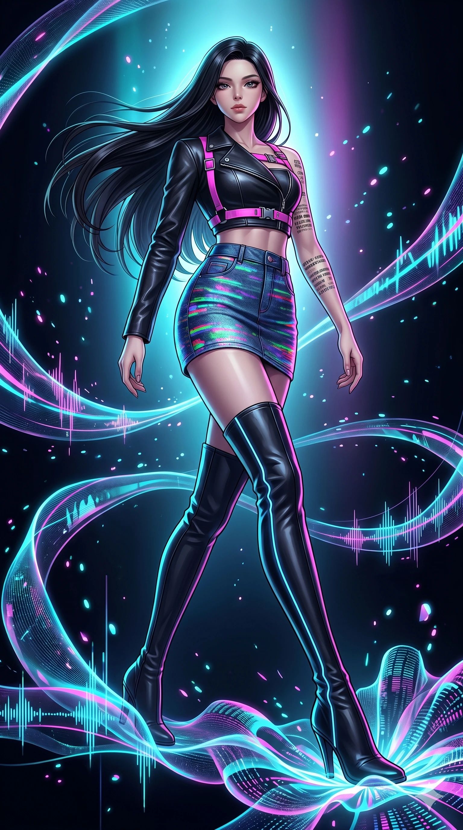 score_9, masterpiece, best quality, ultra-detailed, high-budget anime keyframe, Korean woman. low angle full-body shot filling the entire 9:16 frame with her statuesque presence, stretching the vertical silhouette. stepping on holographic fluid ribbons of sound that ripple with cyan and magenta light in a dark virtual void. She has an absolutely perfect 8-heads proportion, an exceptionally tall and slender female figure with impossibly long slender legs and an ultra-slim waist. V-shaped jawline, high-bridge nose, intricate jewel-like eyes with depth, thick eyelashes, glossy lips with a natural sheen.. wearing a glitch denim and studded leather outfit, featuring an RGB glitch pattern denim structured mini skirt, a single-sleeve cropped leather jacket, and neon pink harness straps. illuminated by dramatic chiaroscuro casting soft shadows along her elegant contours, with vibrant backlighting highlighting the dust particles. 2k, ultra detail, master piece, 9:16 ratio