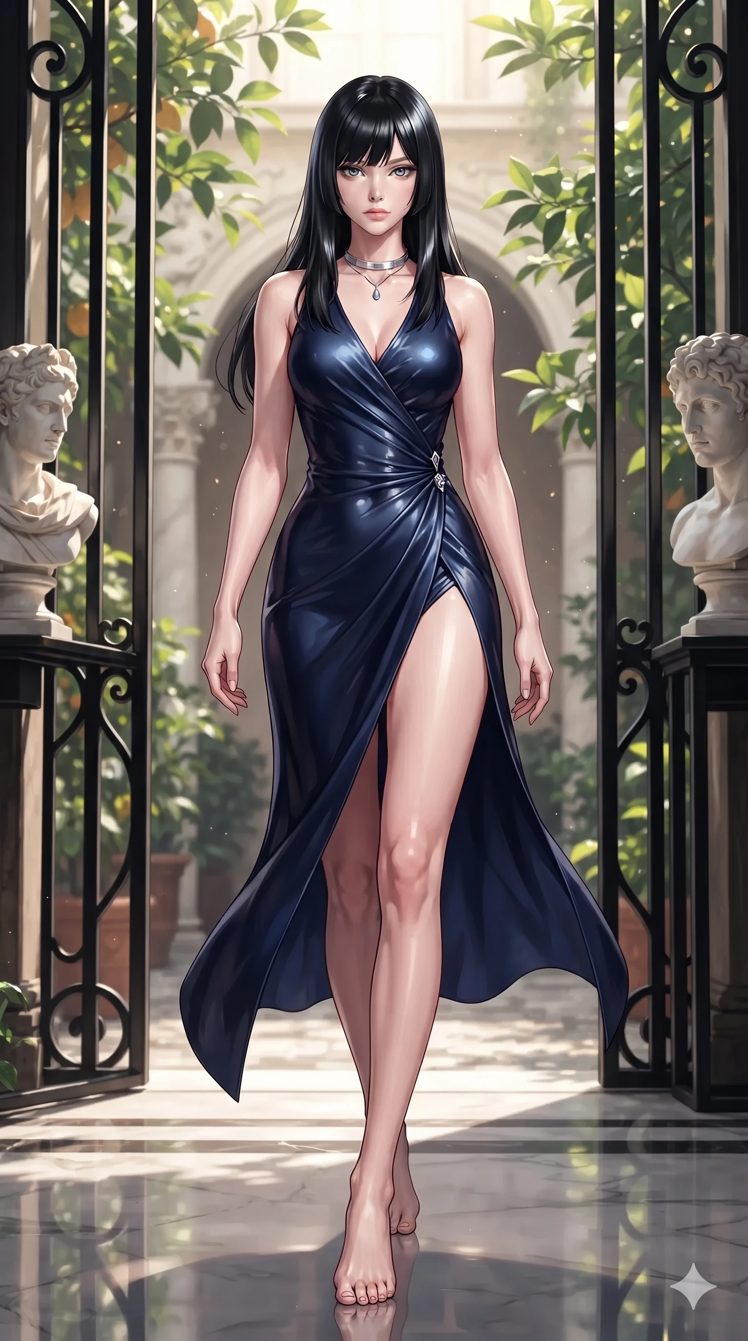 score_9, masterpiece, best quality, ultra-detailed, high-budget anime keyframe, editorial fashion photography, tasteful artistic composition, Caucasian woman. low angle full-body shot from head to toe showing her feet, filling the entire 9:16 vertical frame with her statuesque presence, stretching her vertical silhouette. stepping forward in a confident stride, her long slender legs and curvaceous hips creating a dynamic, sweeping vertical line while twisting her slender torso in an alluring contrapposto stance, dappled sunbeam patterns and glossy leaf reflections tracing her flat midriff and hourglass curves. The surrounding environment is rendered in vivid detail and crisp panoramic clarity: sharp marble bust facial carvings, waxy green citrus leaves, and crisp wrought-iron window frames in deep focus. She has an exceptionally tall and slender model-like 8.5-heads proportion, an ultra-slim waist, a flat toned midriff, narrow delicate ribcage, and beautifully sculpted feminine hips creating a graceful, slim hourglass silhouette without any bulky heaviness, with impossibly long slender legs. sharp v-shaped jawline, high-bridge nose, intricate jewel-like sparkling eyes with depth, thick eyelashes, glossy parted lips with a natural sheen, intensely captivating and seductive bedroom-eyes expression, exuding both youthful cute charm and sovereign luxury allure, flawlessly proportioned anatomical accuracy, strict slender model proportions, natural body alignment, perfectly sculpted long slender limbs, ultra-slim waistline, clean dynamic posture without body distortion. wearing an alluring high-slit wrap cheongsam secured by miniature jeweled clasps and revealing the curve of her hip in midnight sapphire blue and liquid platinum, made of fluid liquid jersey with seamless sculpting hold and smooth contours, finished with a minimalist chrome choker and a single teardrop diamond pendant, the form-contouring material adhering flawlessly to her sculpted flat midriff and slender torso, emphasizing her long leg lines and perfectly proportioned willowy build. illuminated by polished limestone floor reflections and sharp emerald-gold rim lights sculpting her razor-sharp jawline, narrow waist, and curvy hips. ultra-reflective glossy finish, specular highlights, rich textural contrasts, high-contrast stereoscopic depth, volumetric dynamic lighting, 2k, ultra detail, master piece, 9:16 ratio