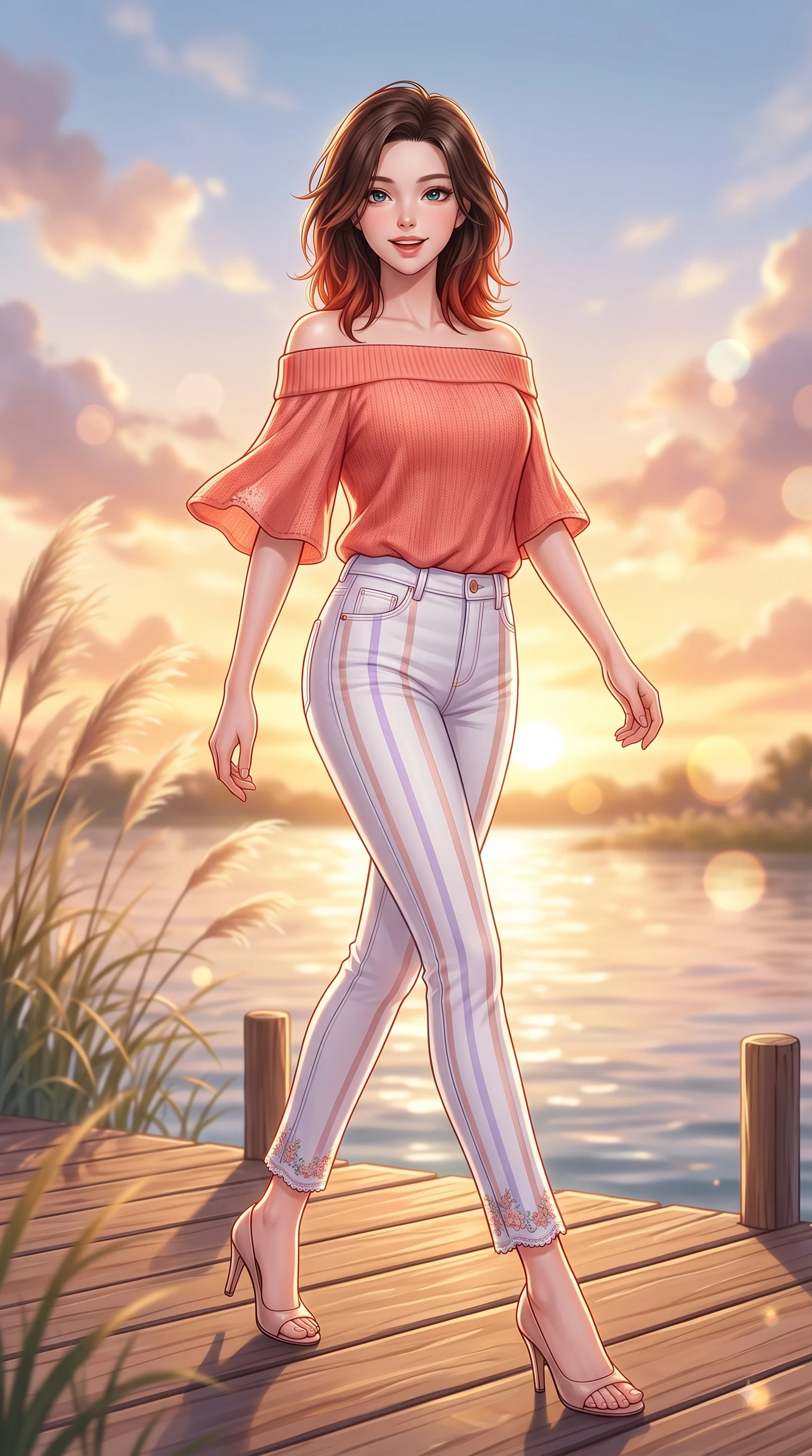 score_9, masterpiece, best quality, ultra-detailed, high-budget anime keyframe, editorial fashion photography, tasteful artistic composition, Korean woman. low angle full-body shot from head to toe showing her feet, filling the entire 9:16 vertical frame with her statuesque presence, stretching her vertical silhouette. stepping forward gracefully in mid-motion with a delighted cute expression, displaying her statuesque model proportions while pivoting in a happy stride along a sunlit wooden pier overlooking calm river waters. The composition keeps background elements in soft focus with dreamy bokeh. swaying pampas grass and glowing sunset clouds softened in a dreamy background focus. She has an absolutely perfect, statuesque 8.5-heads proportion, an exceptionally tall and slender model-like female figure with impossibly long slender legs and an ultra-slim waist. sharp v-shaped jawline, high-bridge nose, intricate jewel-like eyes with depth, thick eyelashes, glossy lips with a natural sheen, flawlessly proportioned anatomical accuracy, natural body alignment, perfectly sculpted elegant limbs, clean dynamic posture without body distortion. wearing a stylish off-shoulder coral knit top with slim-fit white stretch denim pants in pastel lilac and soft rose gold, tailored from crisp cotton poplin, complemented by delicate embroidered floral trim along the hem, the breezy lightweight fabric fluttering softly against her delicate frame. illuminated by soft glowing sunset reflections with cheerful golden rim lights. highly saturated vibrant anime colors, detailed shading with soft gradients, rich glossy textures, high-contrast stereoscopic depth, volumetric dynamic lighting, master piece, 9:16 ratio