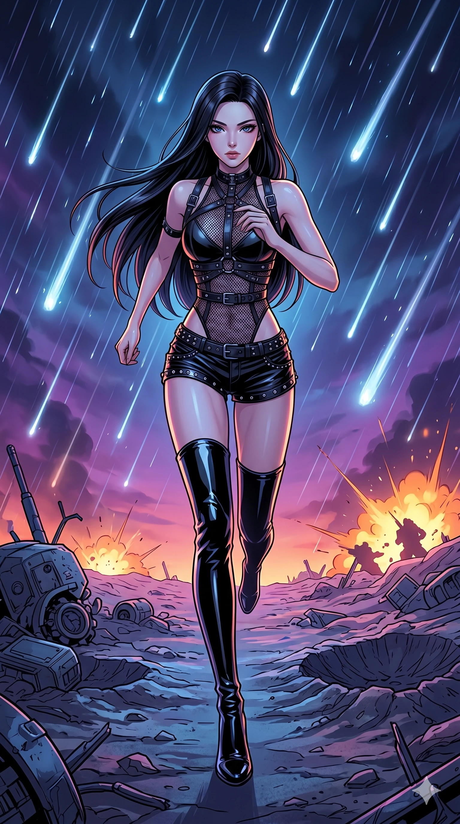 score_9, masterpiece, best quality, ultra-detailed, high-budget anime movie keyframe, cinematic anime lighting, intricate line art, Japanese woman. Low angle cowboy shot capturing a powerful motion and statuesque presence. sprinting through a battlefield under a rain of falling stars. She has an absolutely perfect 8-heads proportion, an exceptionally tall and slender female figure with an ultra-slim waist and impossibly long slender legs. strictly human anatomy, two legs only, no extra limbs, clearly defined legs and arms, perfect anatomy, perfect hands and fingers. sharp v-shaped jawline, high-bridge nose, intricate jewel-like eyes, thick eyelashes, glossy lips. Wearing K-Idol Stage: Leather harness over mesh, high-cut bodysuit, studded micro-shorts, and thigh-high patent boots. The scene is illuminated by dramatic atmospheric lighting and vibrant color palettes. , 2k, ultra detail, master piece, 9:16 ratio