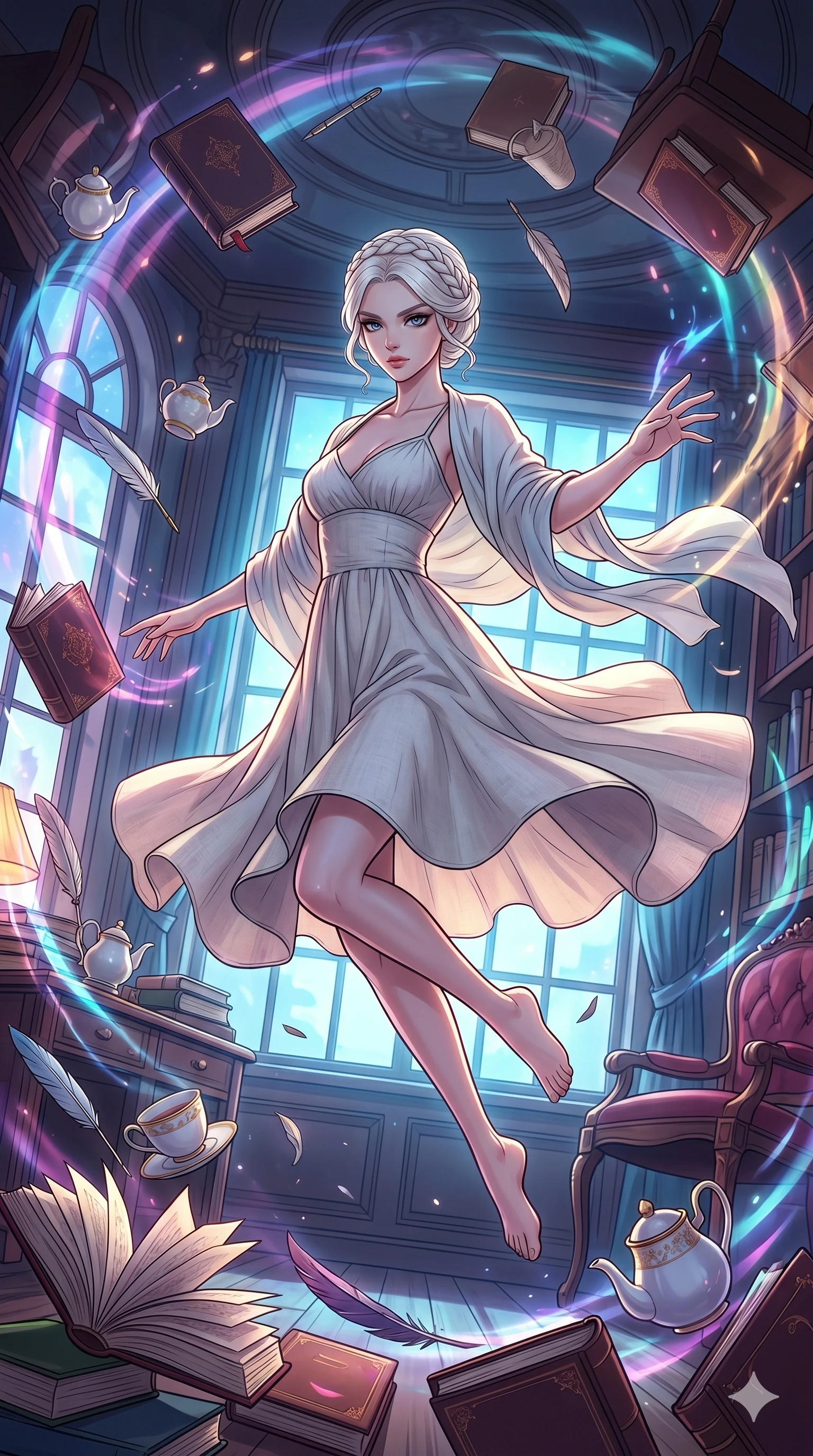 score_9, masterpiece, best quality, ultra-detailed, high-budget anime movie keyframe, cinematic anime lighting, intricate line art, Japanese woman. Mid-air action shot capturing a graceful twist and vertical silhouette. manipulating the gravity of a room, causing objects to float and spin. She has an graceful and slender female figure with elegant proportions. strictly human anatomy, two legs only, no extra limbs, clearly defined legs and arms, well-defined anatomy, perfect hands and fingers. sharp v-shaped jawline, high-bridge nose, intricate jewel-like eyes, thick eyelashes, glossy lips. Wearing Seasonal/Resort: Elegant linen sundress with a light shawl and stylish resort wear. The scene is illuminated by dramatic atmospheric lighting and vibrant color palettes. , 2k, ultra detail, master piece, 9:16 ratio